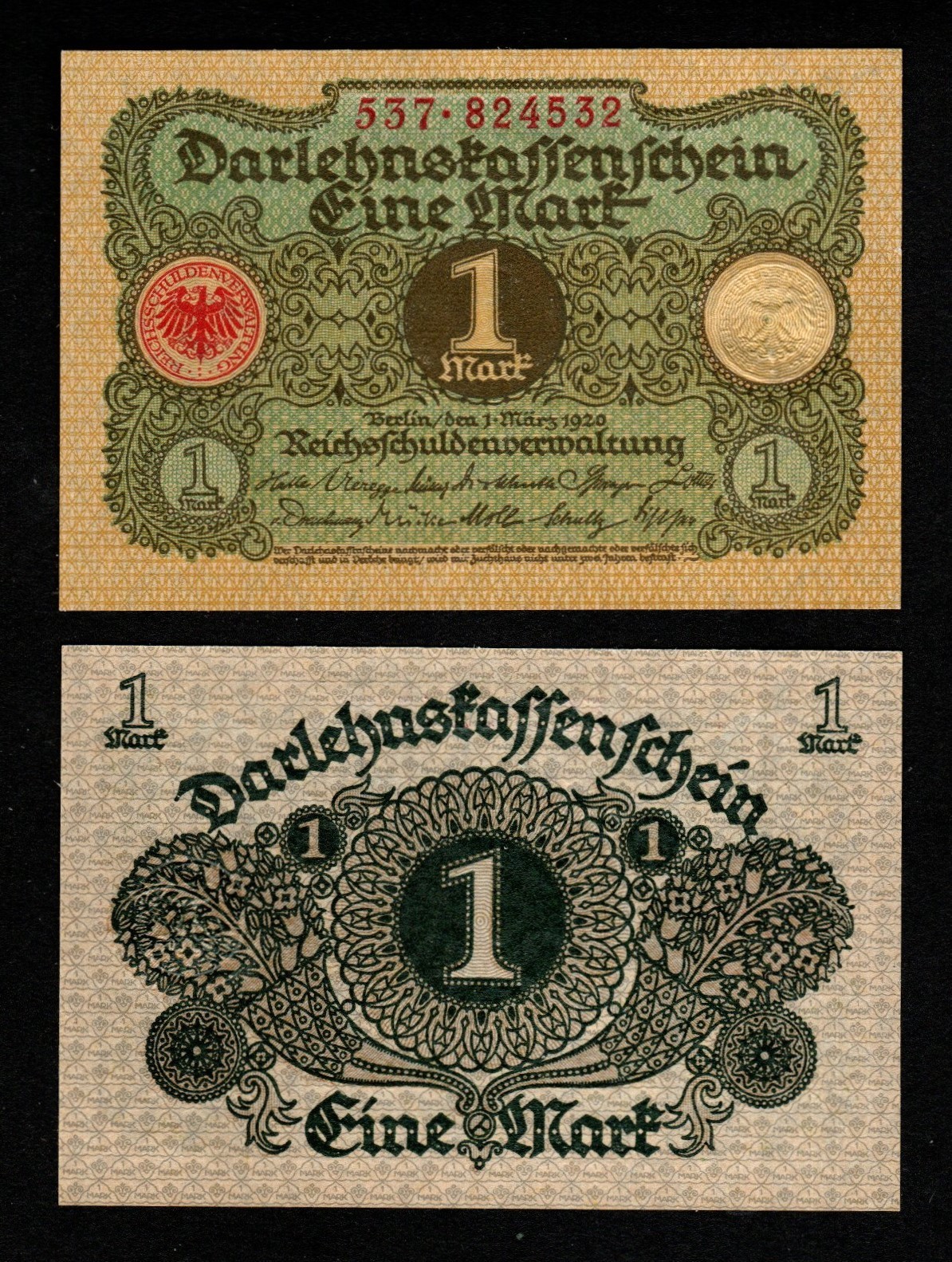 1920 GERMANY 1 MARK BANKNOTES CURRENCY - 106 YEARS OLD - GEM UNCIRCULATED