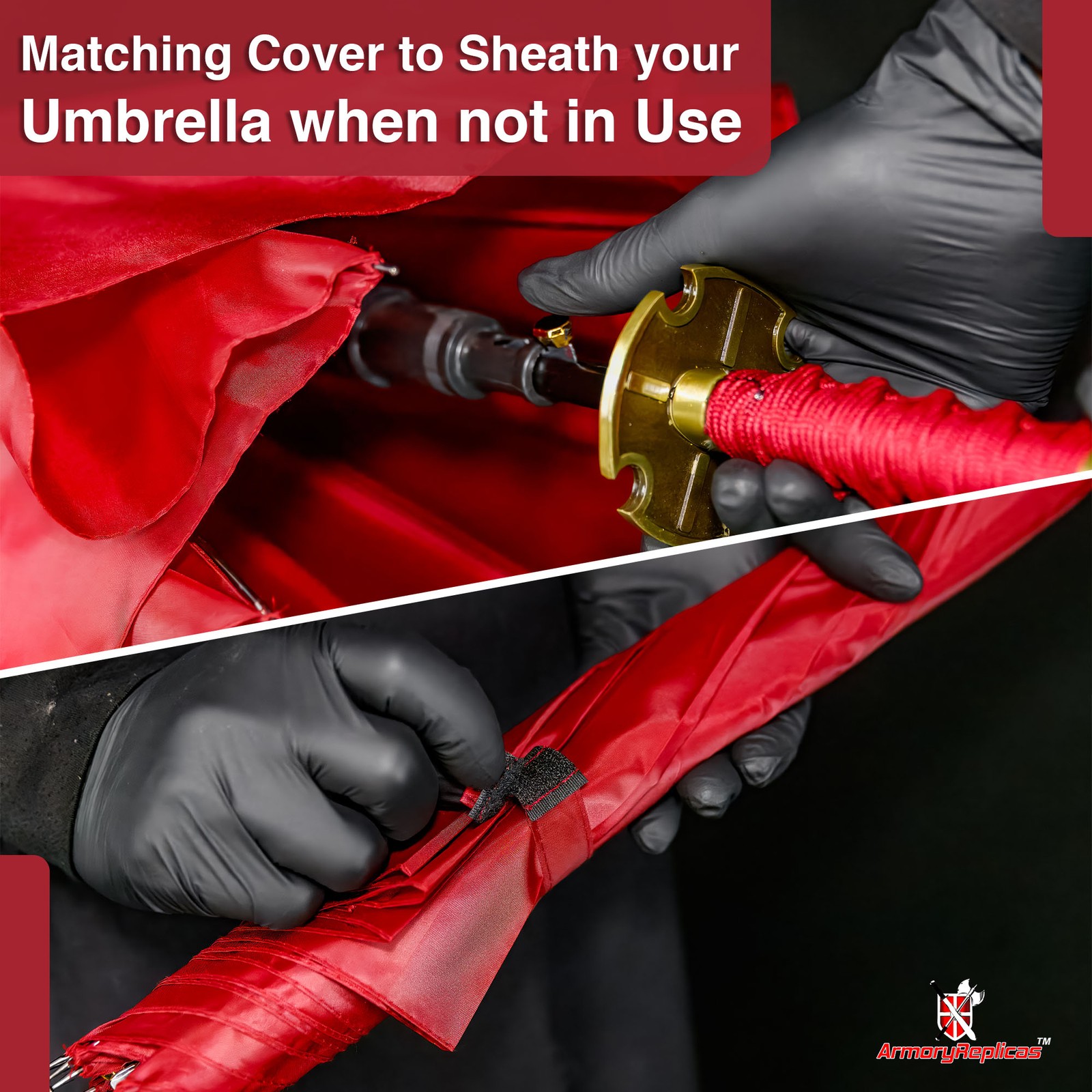 Unique Katana-Style Umbrella with Red Canopy & Faux Ray Skin Samurai Handle