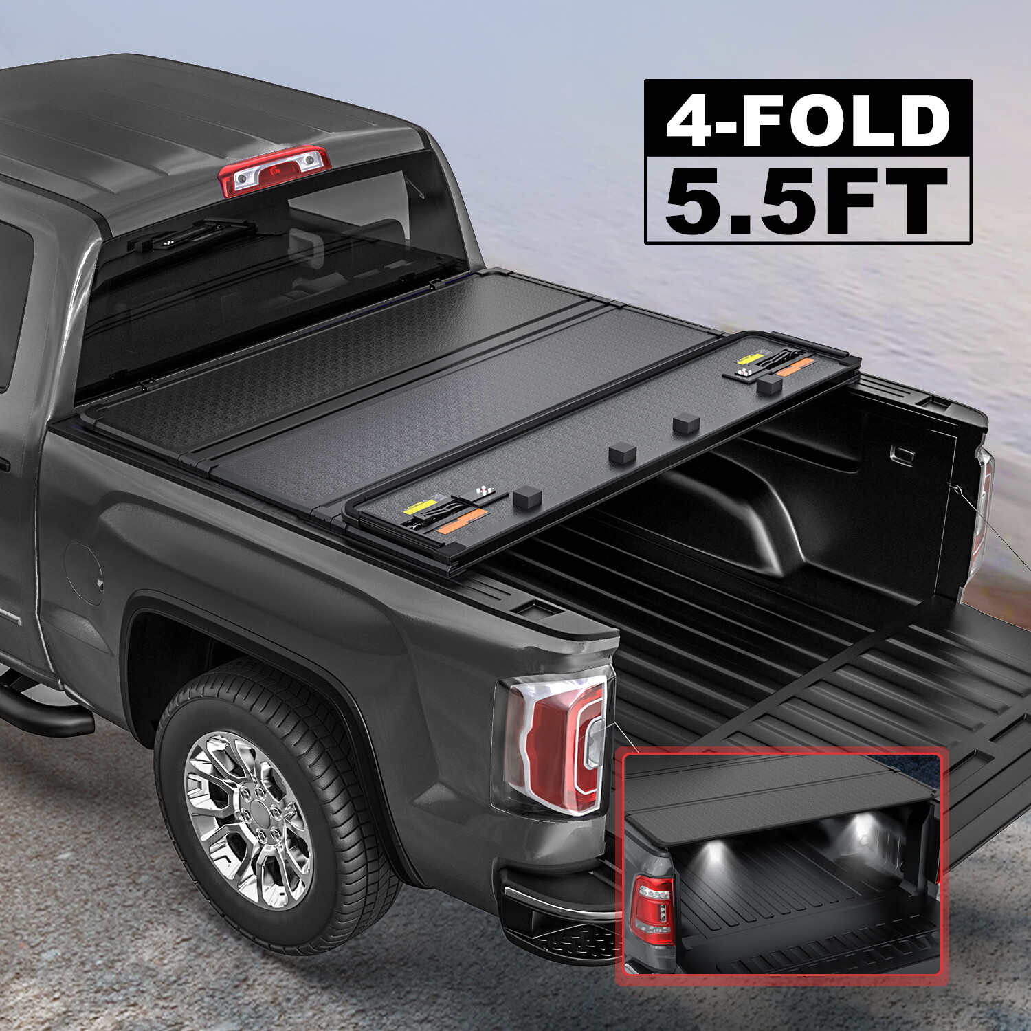 5.5FT Bed 4-Fold Hard Tonneau Cover For 2015-2026 Ford F150 Truck w/ Led Lamp