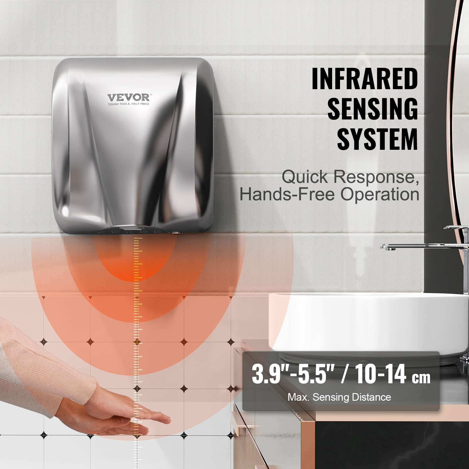 VEVOR 1300W Hand Dryer Commercial Household Automatic High Speed Stainless Steel