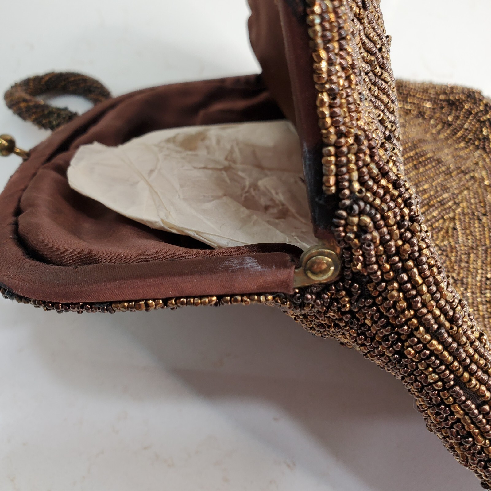 Joseph Horne Pittsburgh Belgium Brown Beaded Evening Bag Handle Twist Top Lock