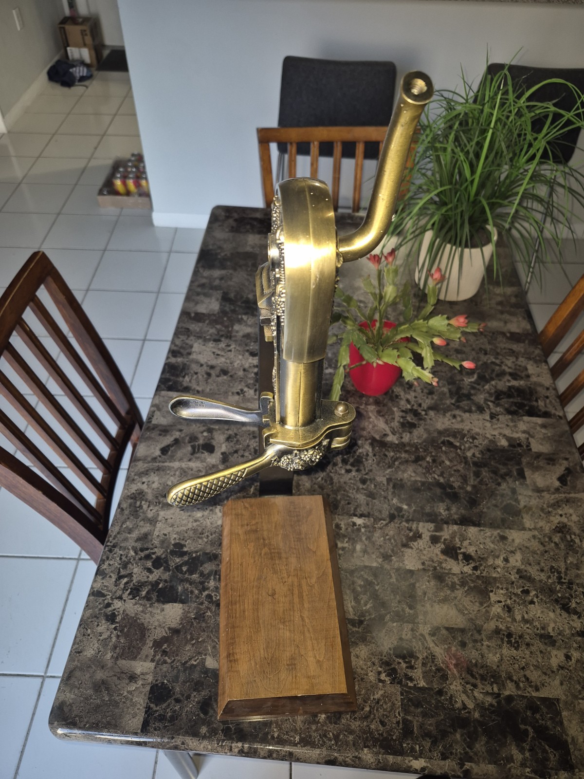 Estate Wine Bottle Corker Table Mount Brass Corkscrew with Wooden Base