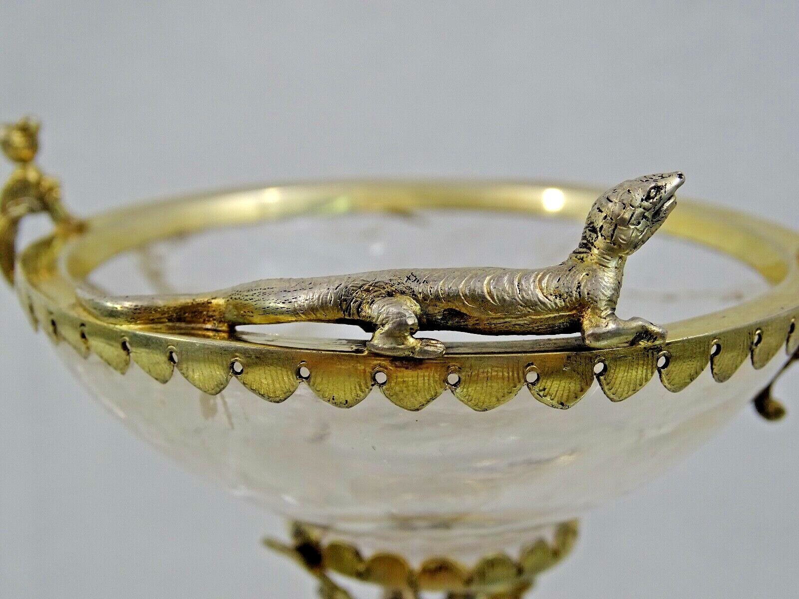 GORGEOUS SILVER - GILT / ROCK CRYSTAL TAZZA ANTIQUE GERMAN FIGURAL EAGLE LIZARD