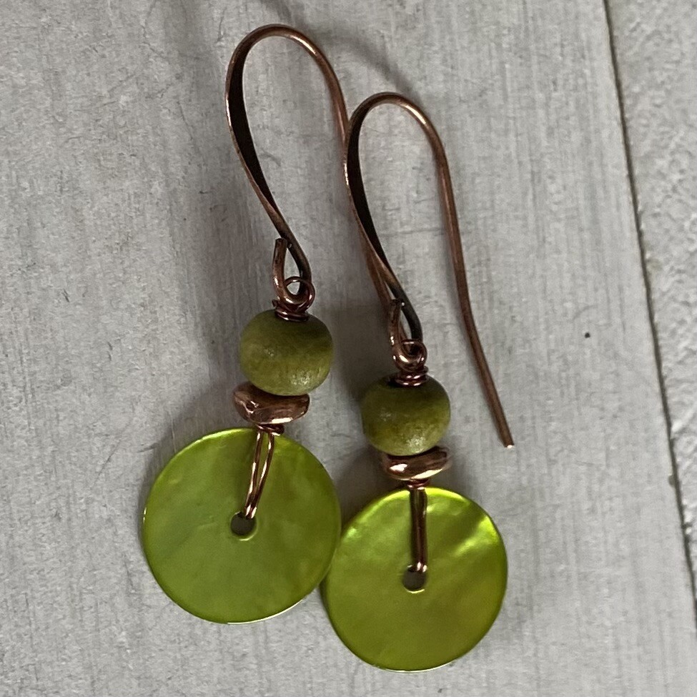 Min Favorit Lime Green MOP Shell, Wood & Antique Copper Artisan Earrings