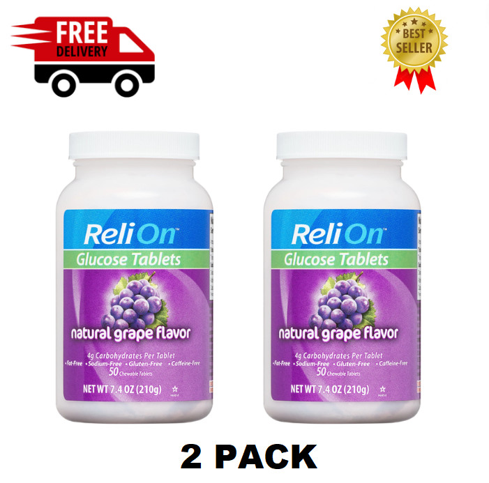 Relion Glucose Tablets, Natural Grape Flavor, 50 Count (2 packs)