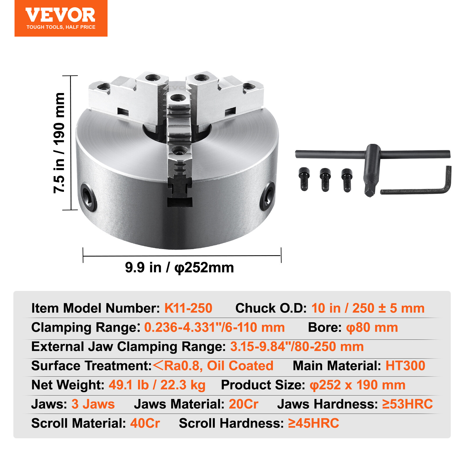 VEVOR 10'' 3-Jaw Lathe Chuck Self-Centering Lathe Chuck for Grinding Drilling