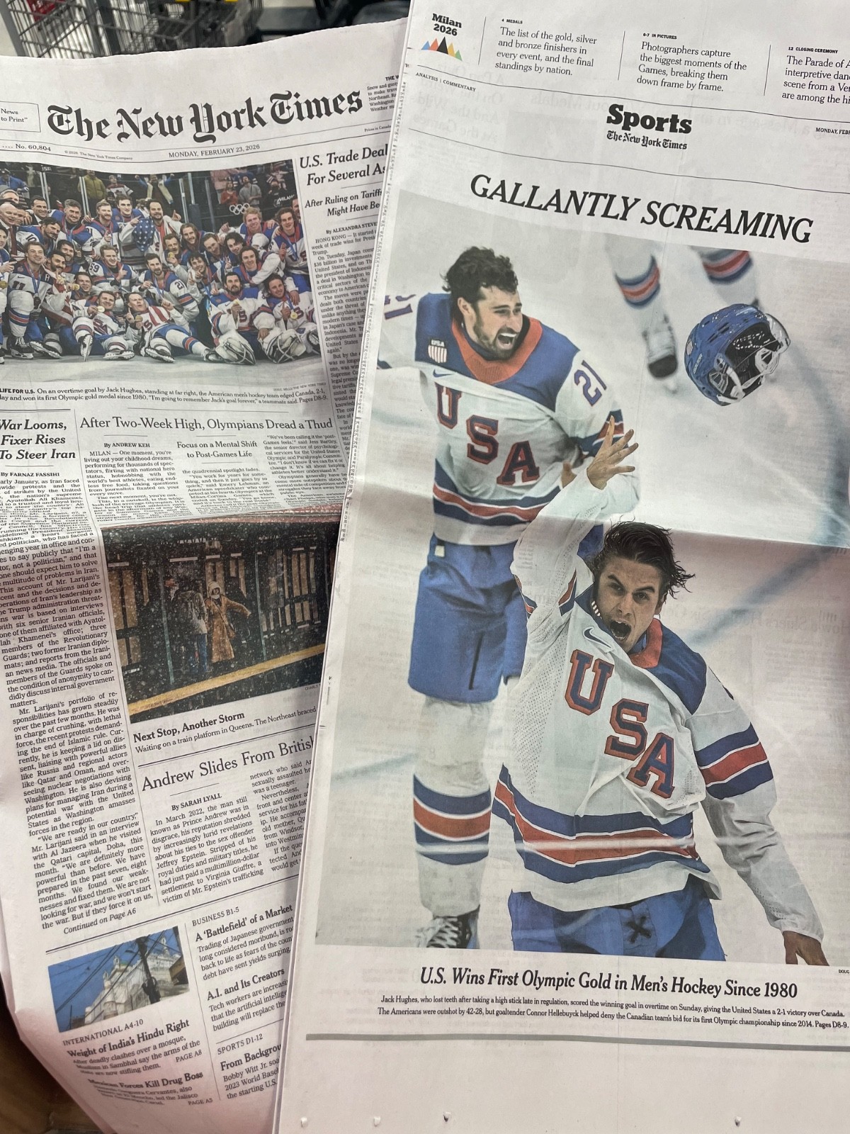 23FEB2026 TEAM USA 🇺🇸 WINS OLYMPIC GOLD GALLANTLY SCREAMING FULL PAPER NYTIMES