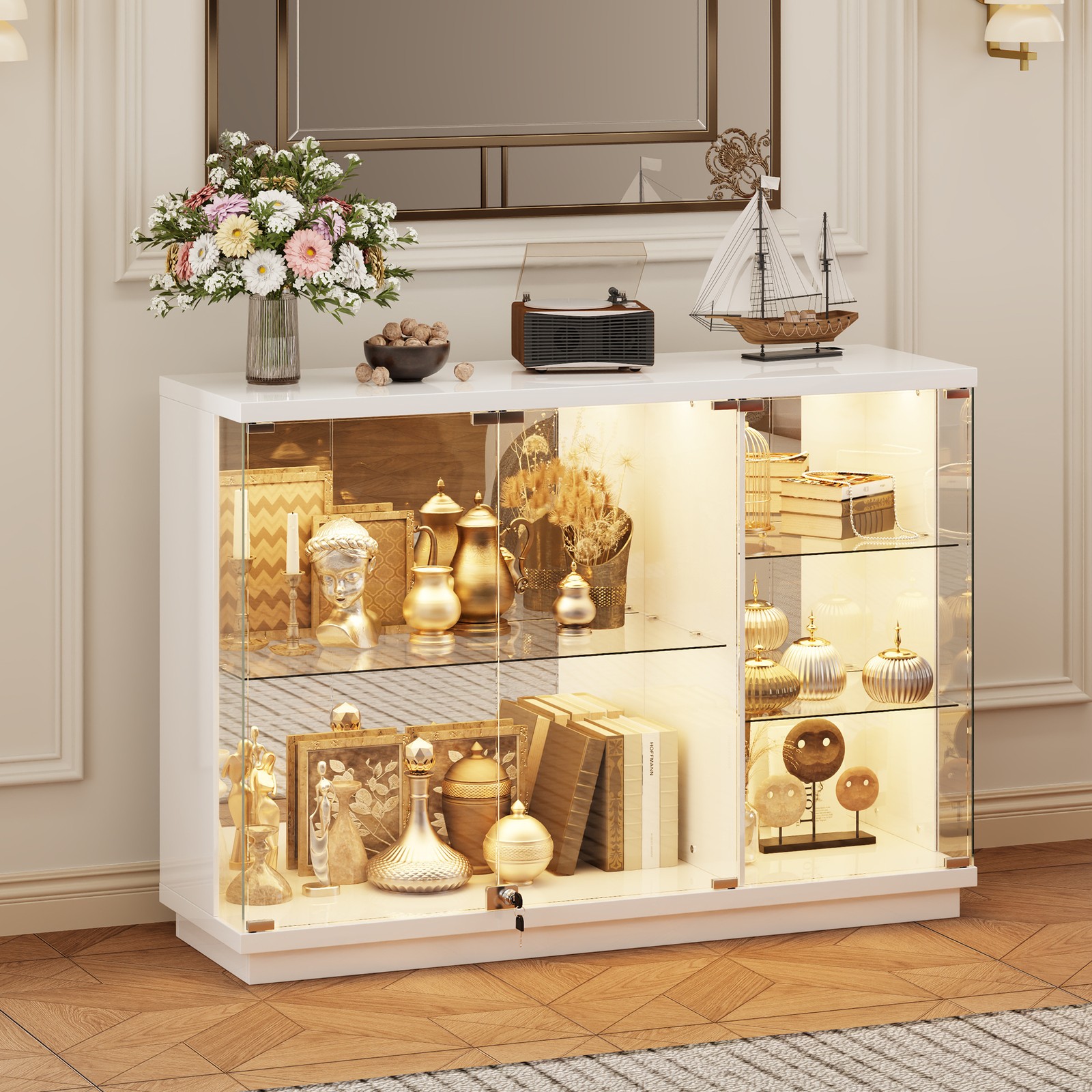 Gurexl Glass Display Cabinet with Lock, Display Cases with 3-Color LED Lights