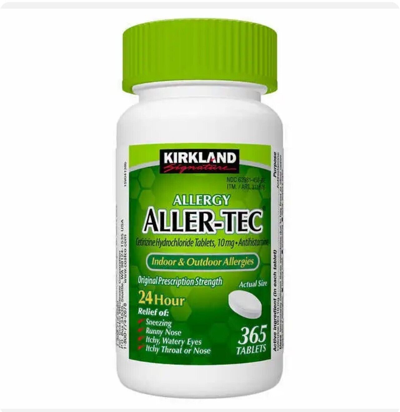 Kirkland Allergy Aller-Tec Cetirizine 10mg Antihistamine 365ct Compare 2 Zyrtec