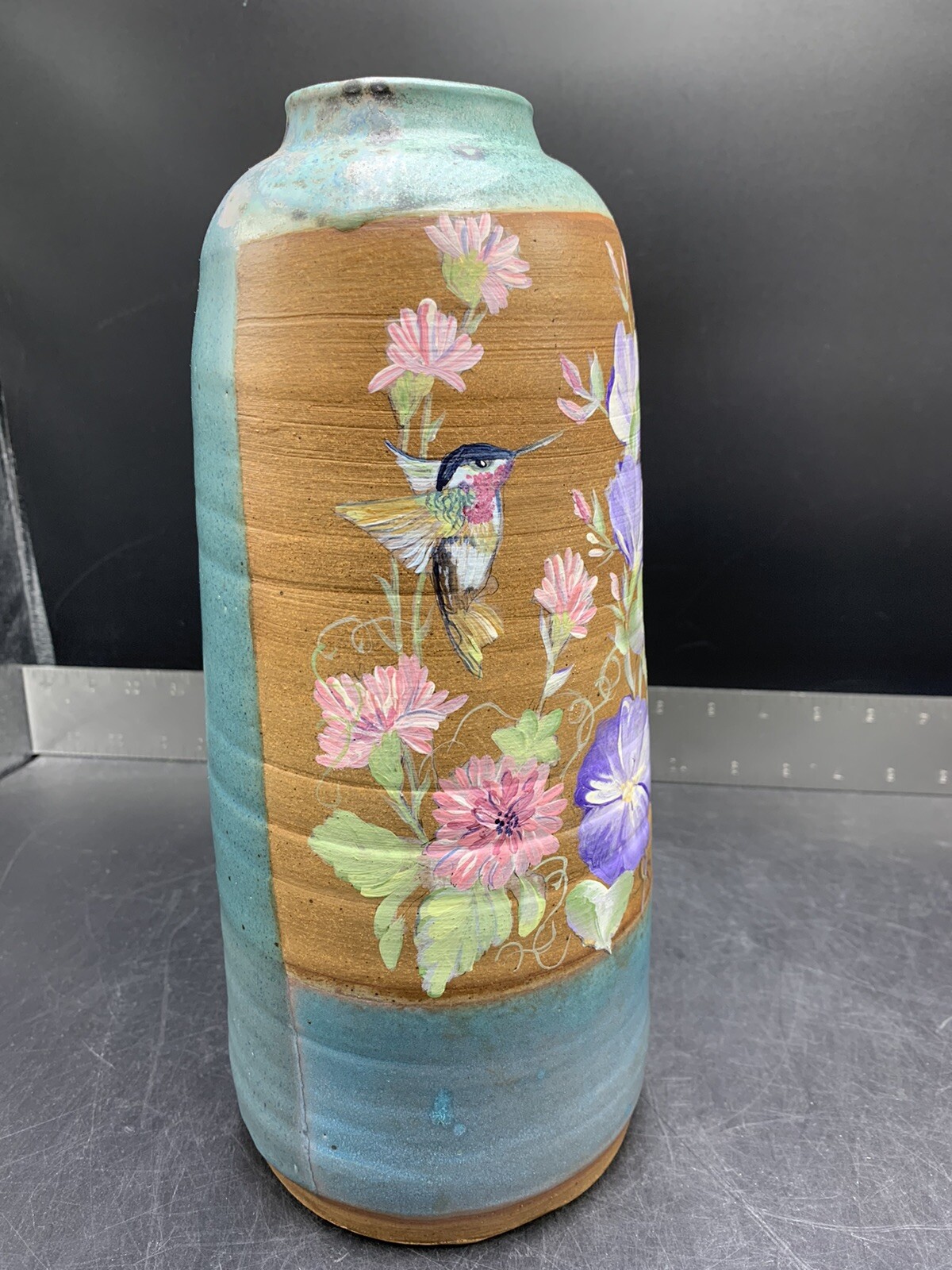 Hummingbird Vase Pottery Hand Painted Floral Art Planter