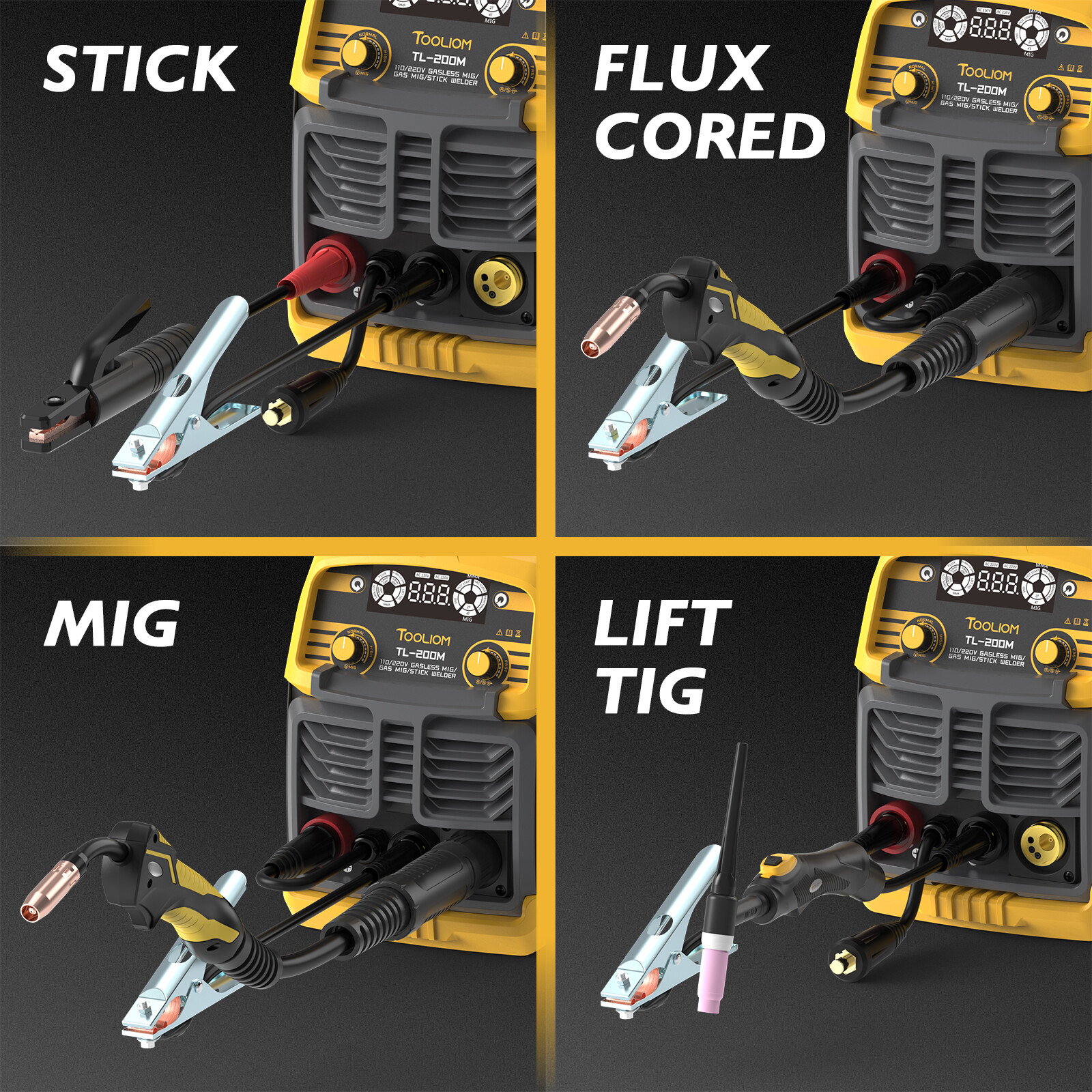 200A MIG Welder, Gasless/Gas MIG/Lift TIG/Stick 110/220V IGBT Welding Machine