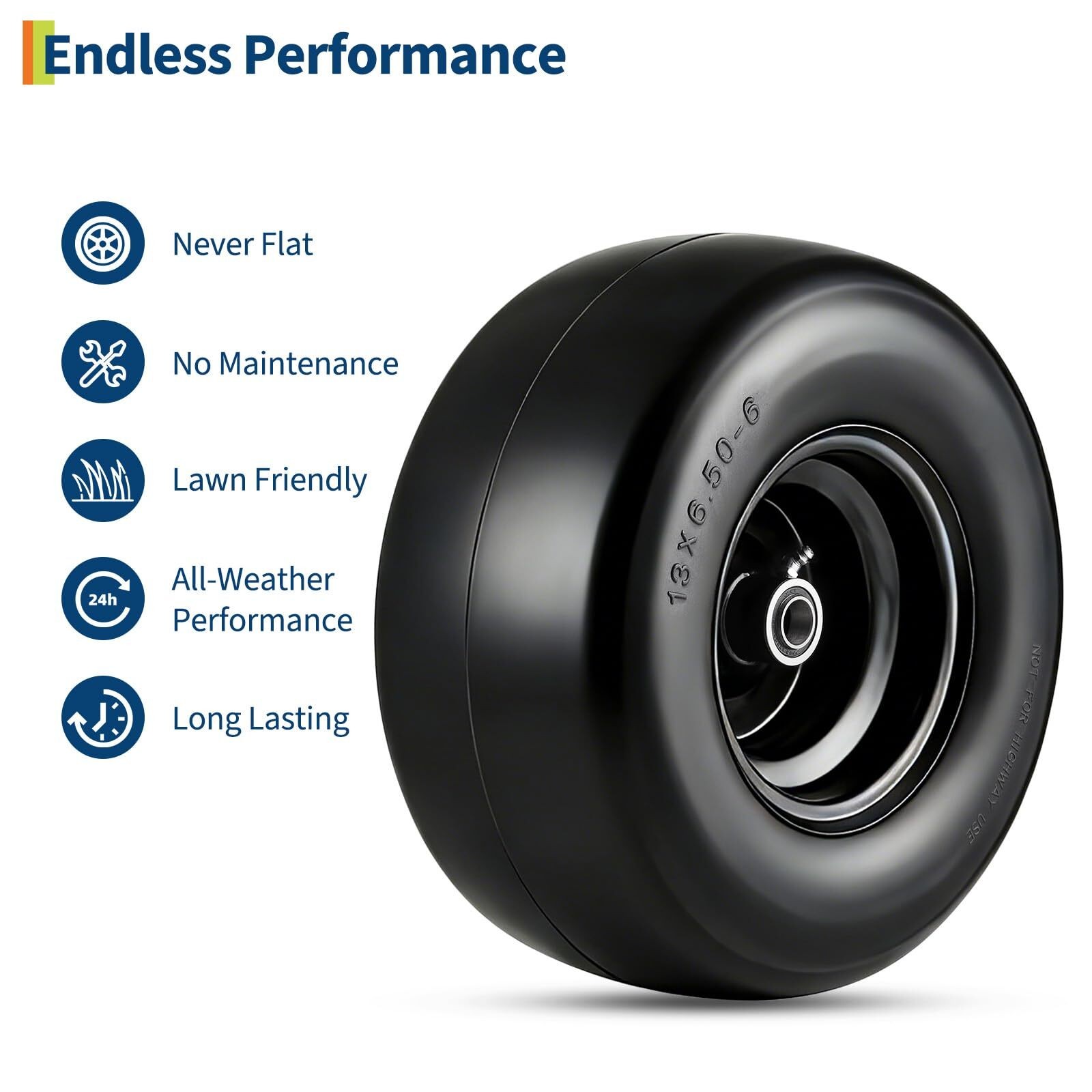 2 pack 13x6.50-6 Flat Free Tire Wheel Set w/ Bearing For Zero-Turn Lawn Mower