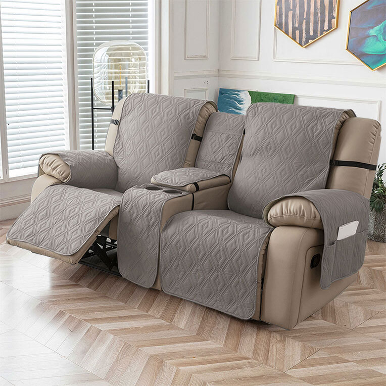 100% waterproof recliner cover double with center console, strap design