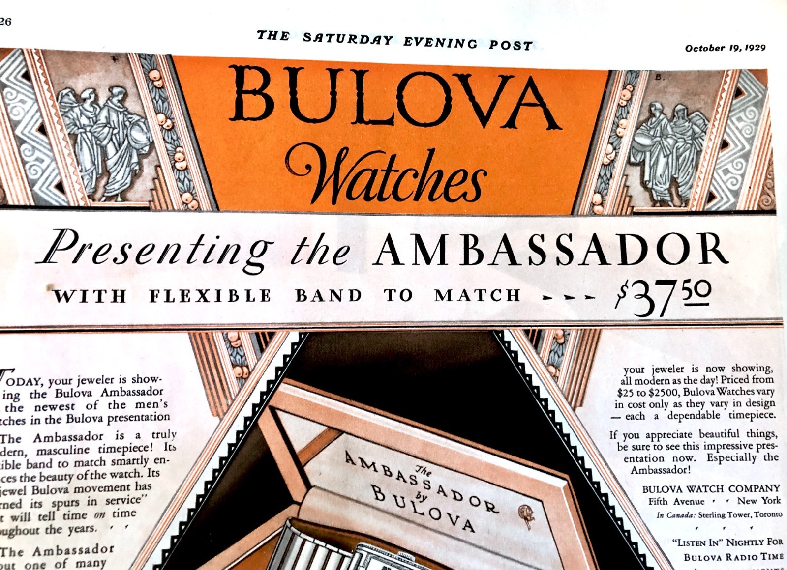 Vintage 1929 Bulova Watches Advertising Sign Original Ad