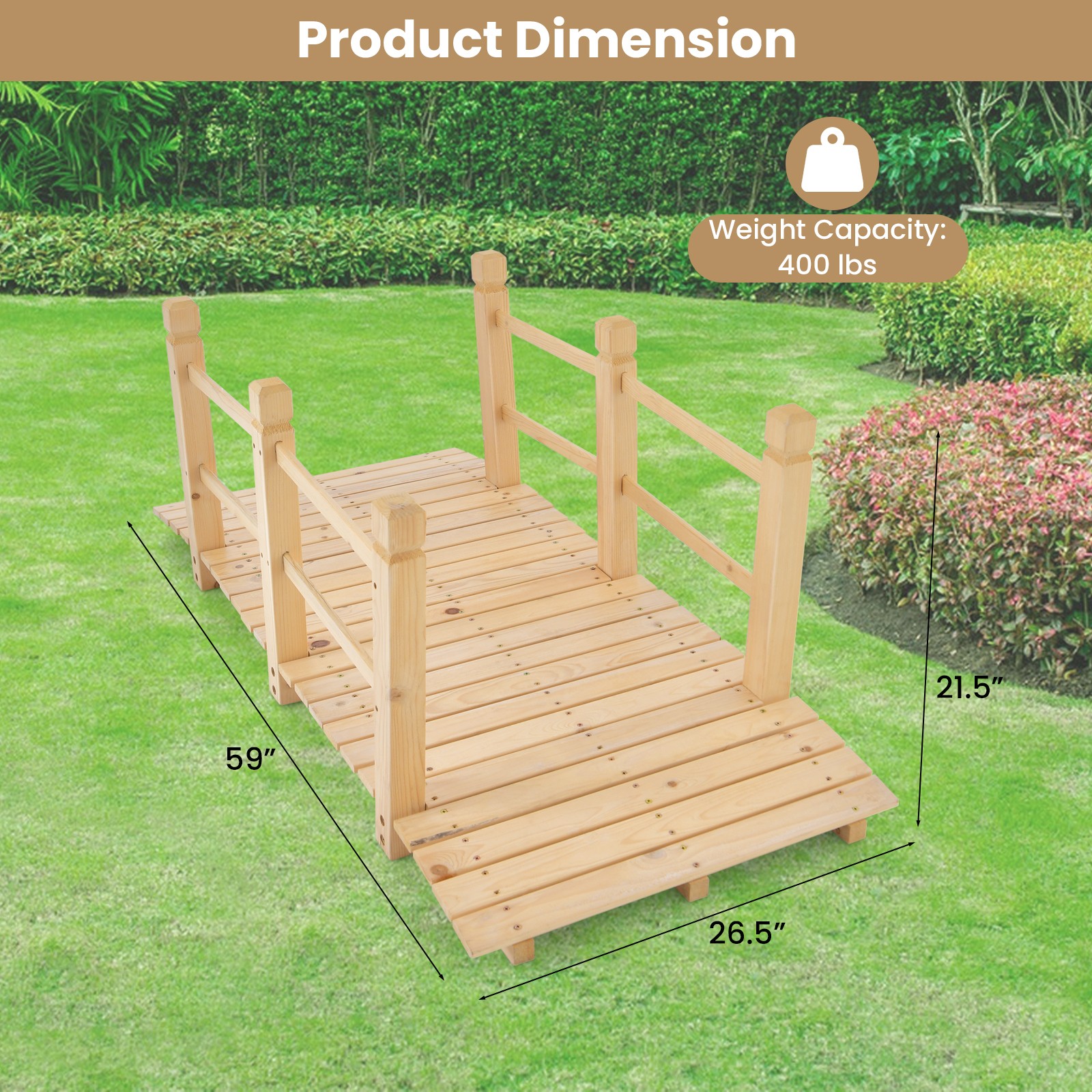 5 FT Wooden Garden Bridge Decorative Landscaping Footbridge w/Rails Natural