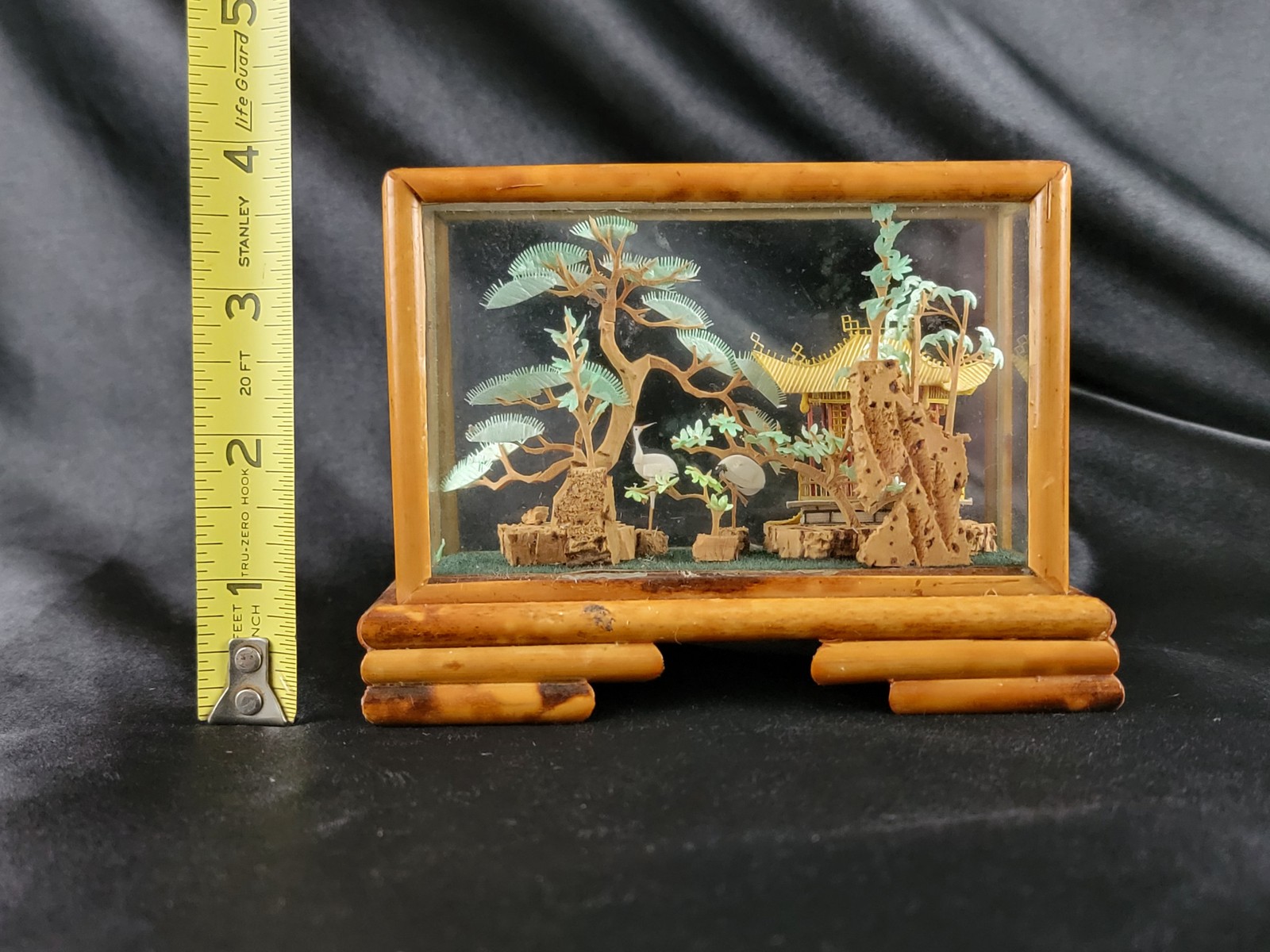 3D Carved Sculpture China Japan Pagoda Bonsai Tree Storks Cranes Vintage