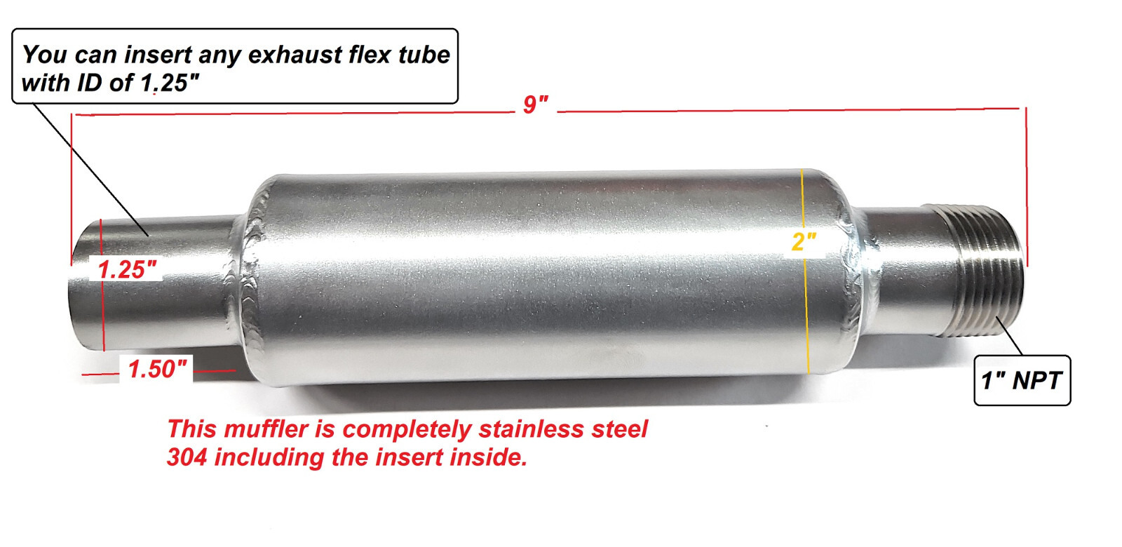 1" NPT thread Muffler 304 Stainless Steel 2" x 9" exhaust Flex tubig Compatible.