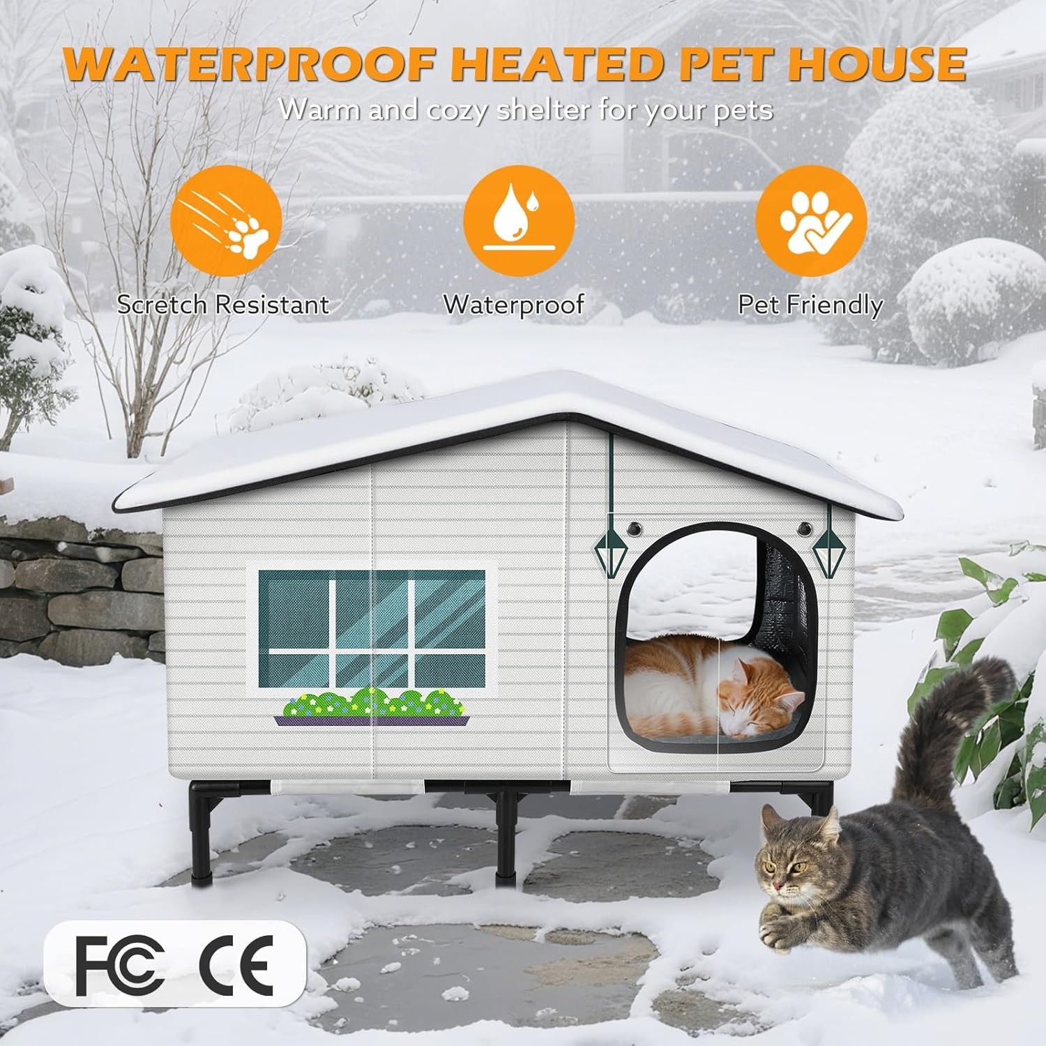 GASUR Weatherproof Heated Cat House for Outdoor Cats Insulated Heating Cat House