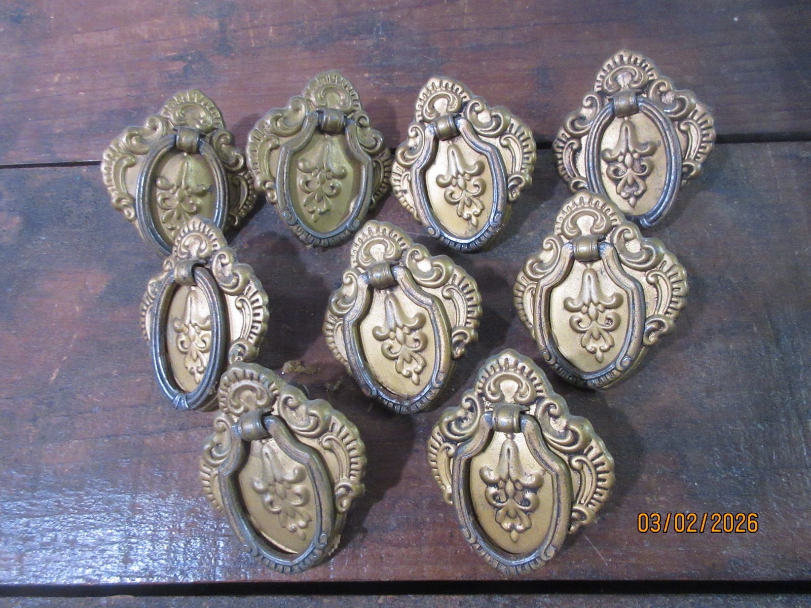 Lot of 9 Vintage Metal Back Played Ring Cabinet Door or Drawer Pulls w/Hardware