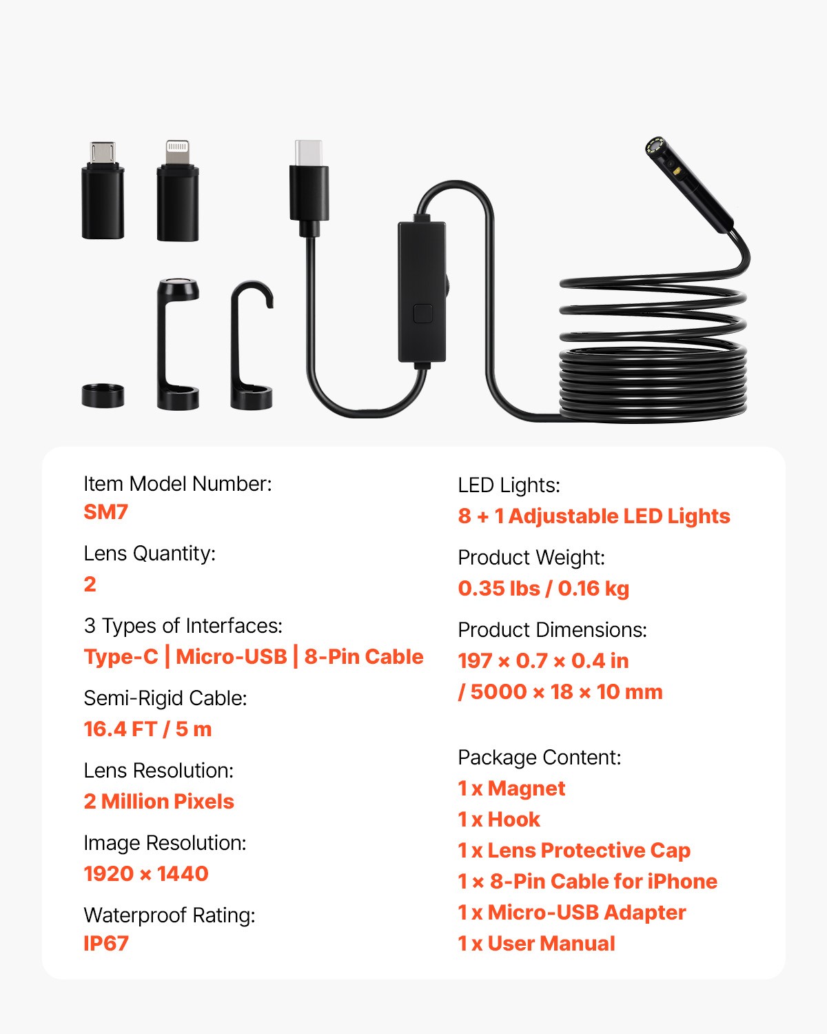 VEVOR Dual Lens Borescope Endoscope Camera for Android IOS & 16.4FT Snake Cable