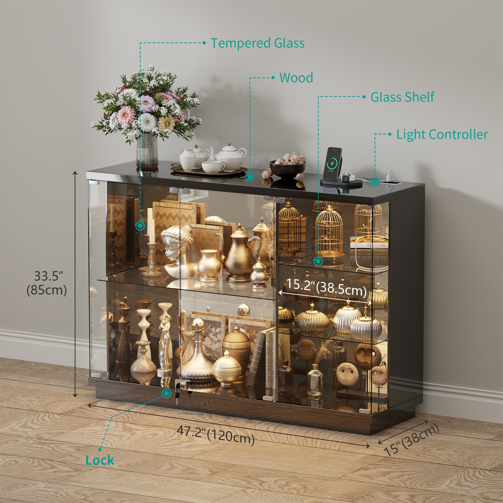 Gurexl Glass Display Cases with Human Sensor and 3 Color Lights for Collectibles