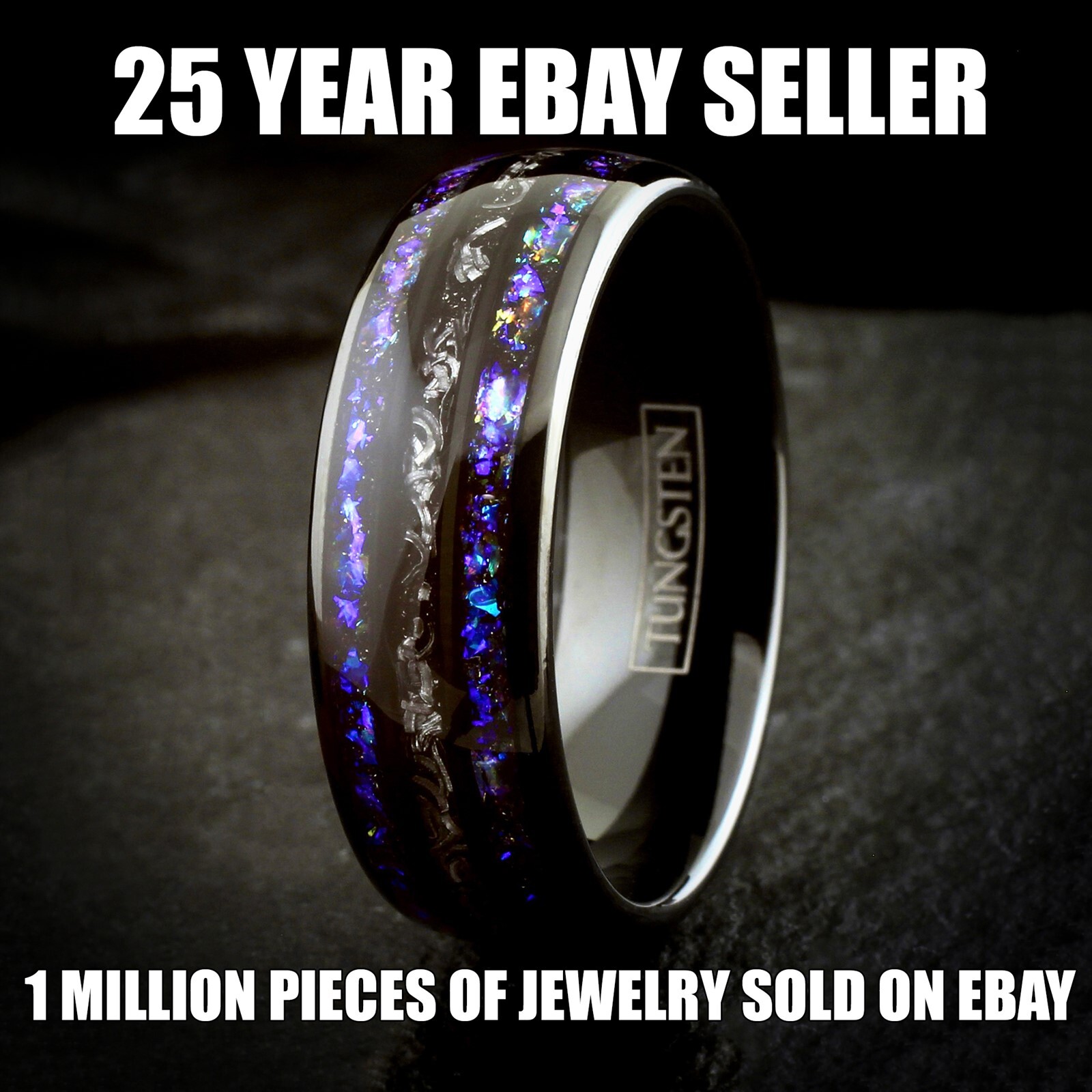 Black Tungsten Carbide Ring Blue Sandstone & Meteorite Space Galaxy Wedding Band