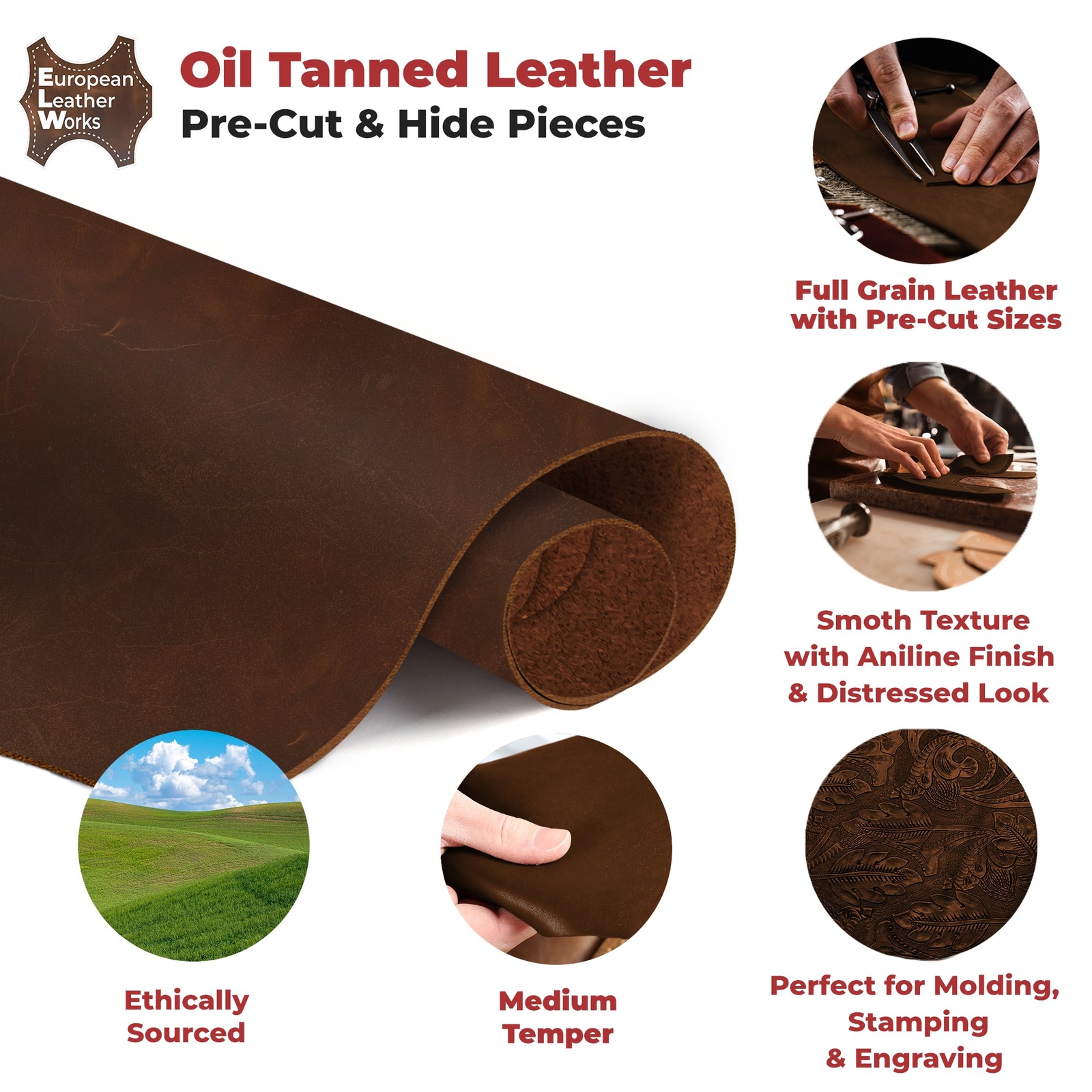 ELW 9-10 oz (3.6-4mm) Heavy Weight Oil Tanned Cowhide Full Grain Leather
