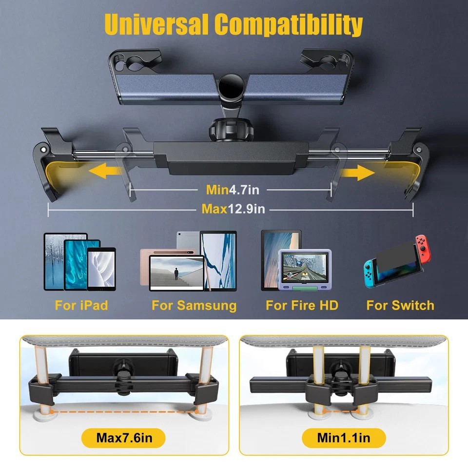 Tablet Holder 360° Car Back Seat Headrest Mount for 4.7-12.9" iPad Phone Samsung