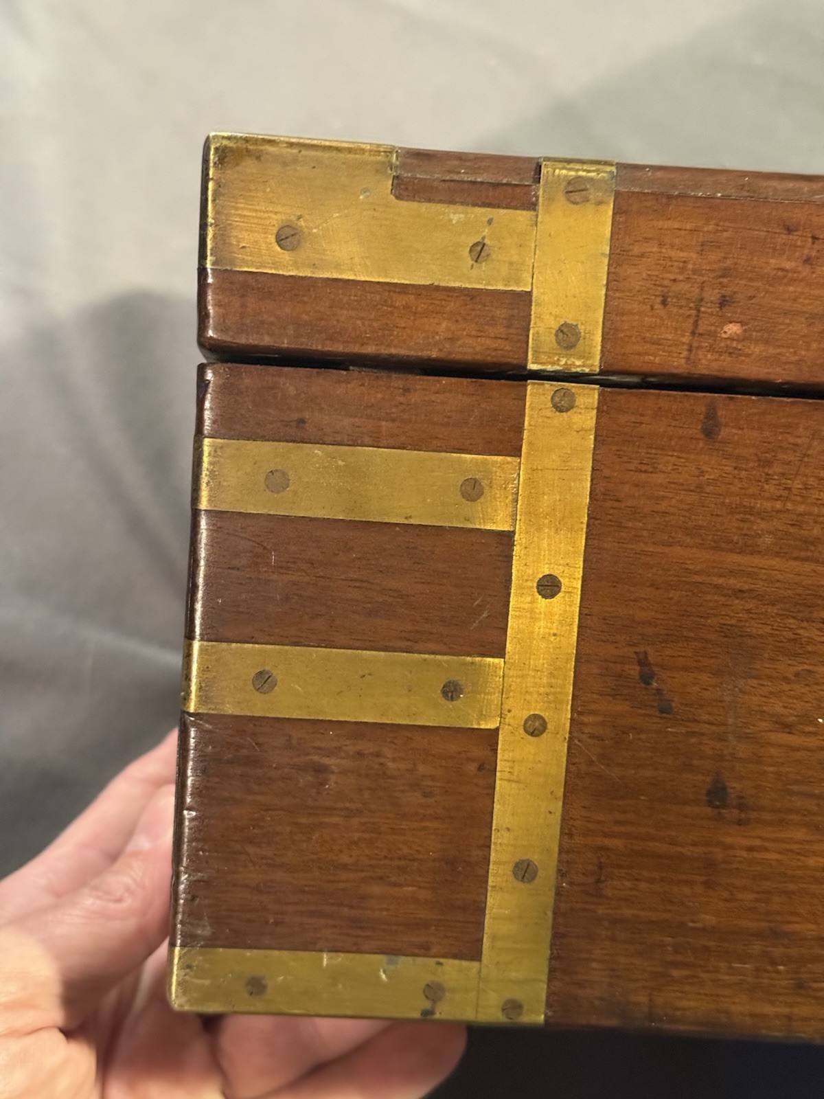 Early Antique Wood & Brass Bound Military Campaign Writing Desk