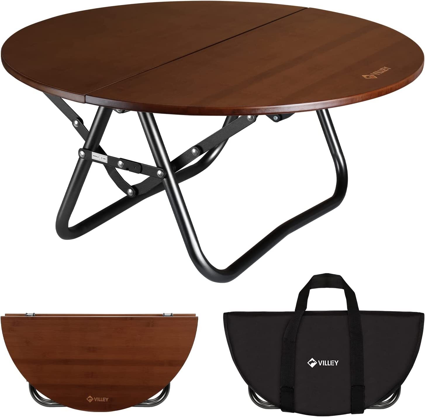 VILLEY Bamboo Round Folding Table with Carrying Bag Half-fold Portable Aluminum