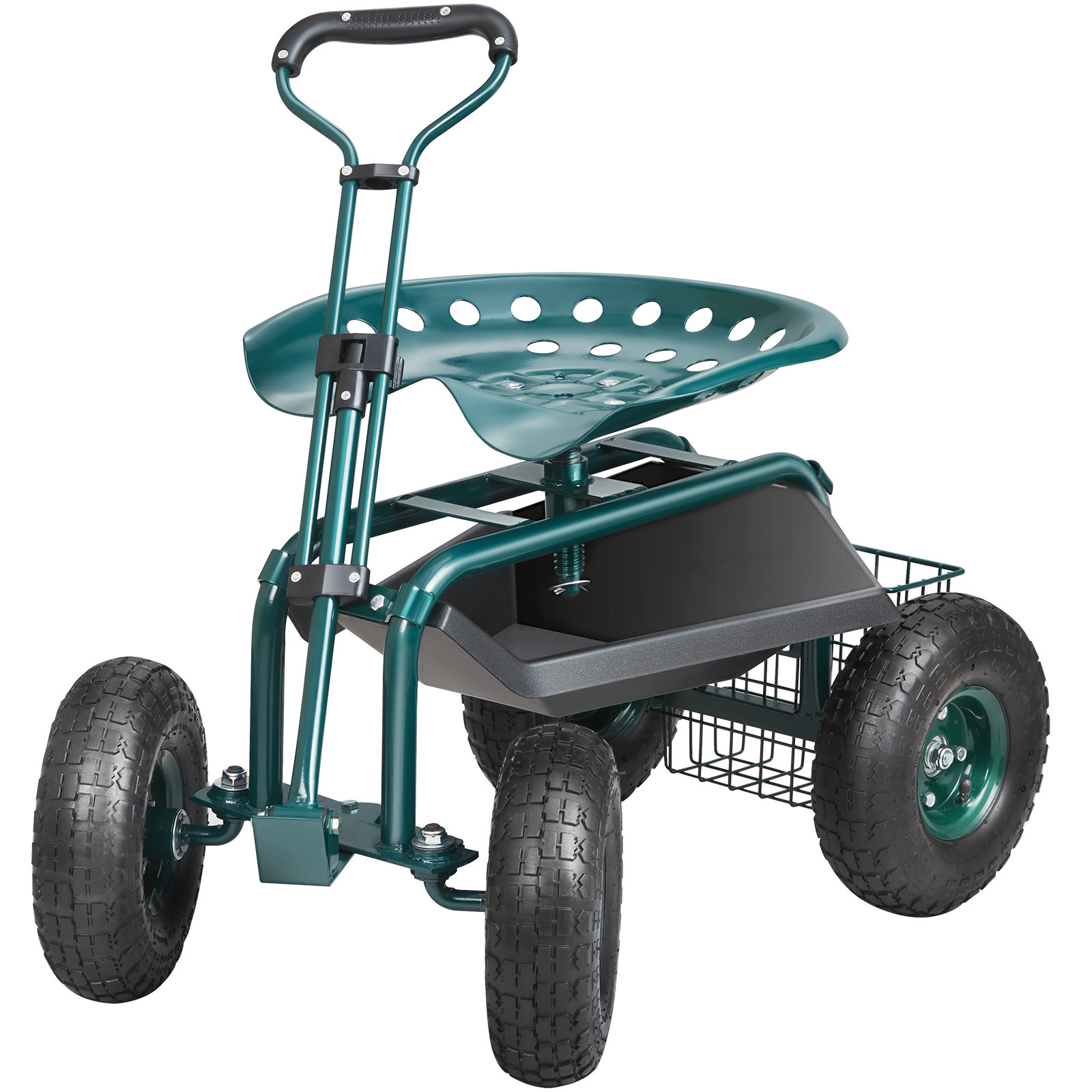 Rolling Garden Cart with Seat and Wheels Extendable Steer Handle Green