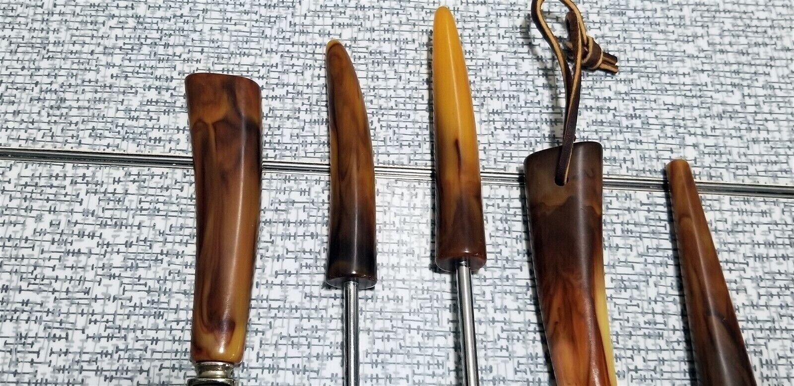 Vintage SET of 6 Barware UTENSILS Bar Tools Marbled BAKELITE HANDLES Sheffield