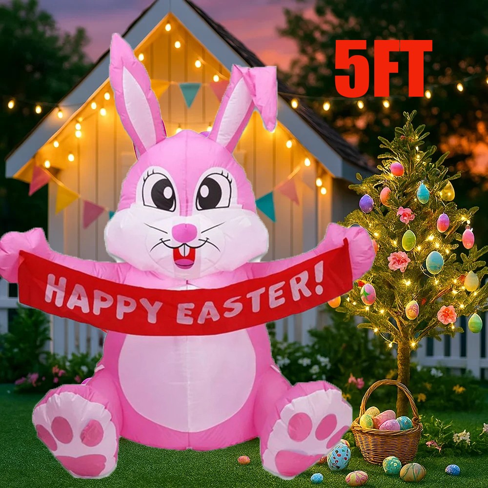 5 FT Easter Pink Bunny Inflatable Lighted Yard Decorations LED Blow up Rabbit