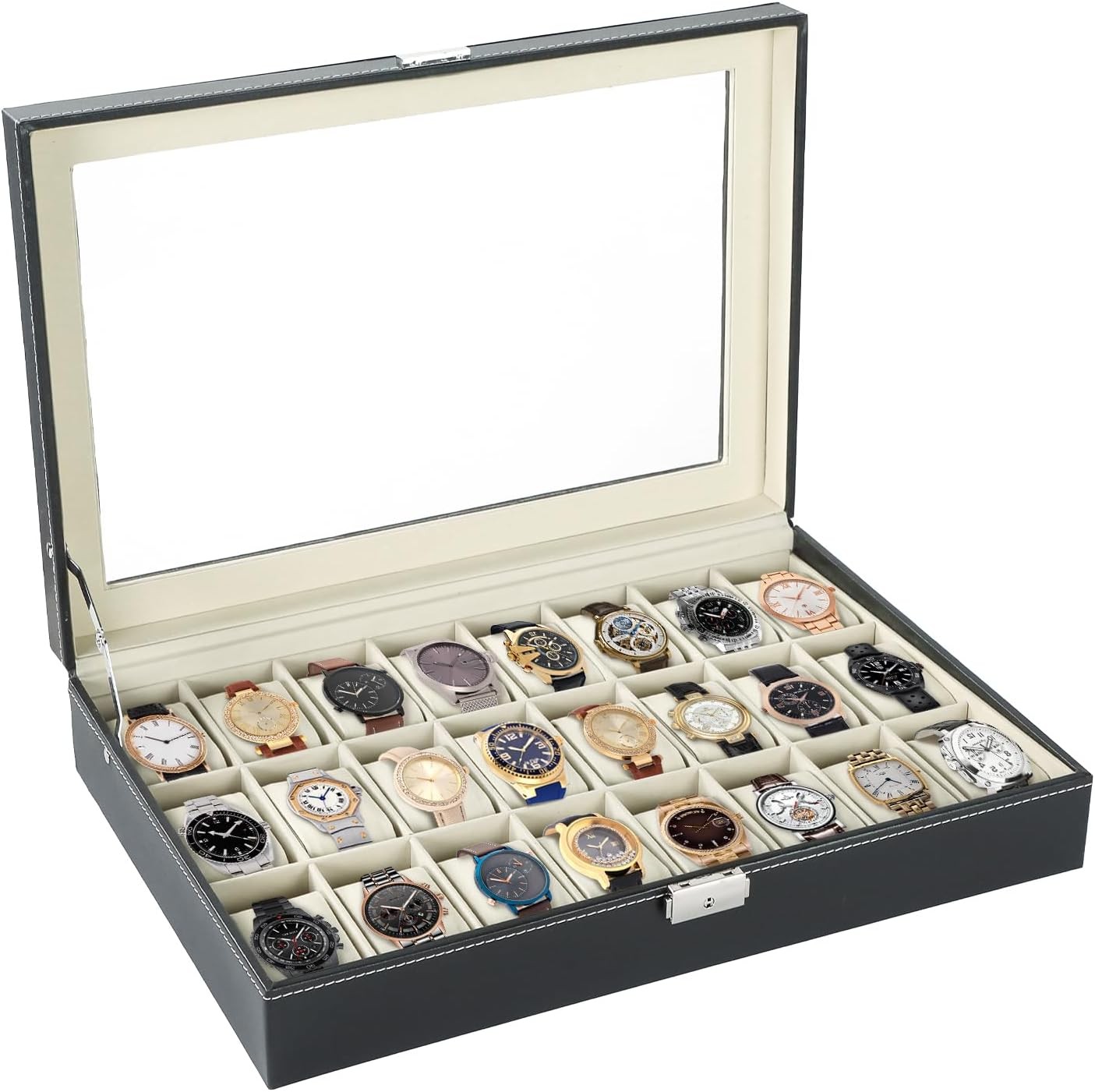 24 Slots Watch Box PU Leather Watch Case Organizer Watch Display Case Lockable
