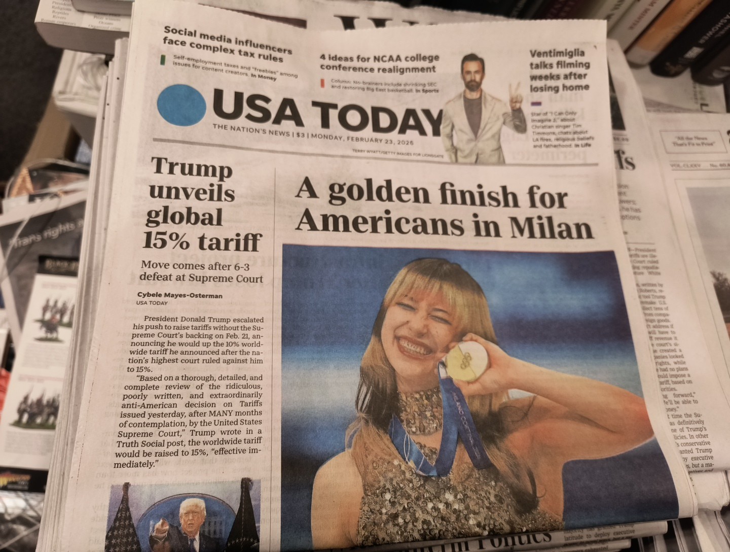 The USA Today Newspaper Monday February 23 2026 A Golden Finish For Americans In