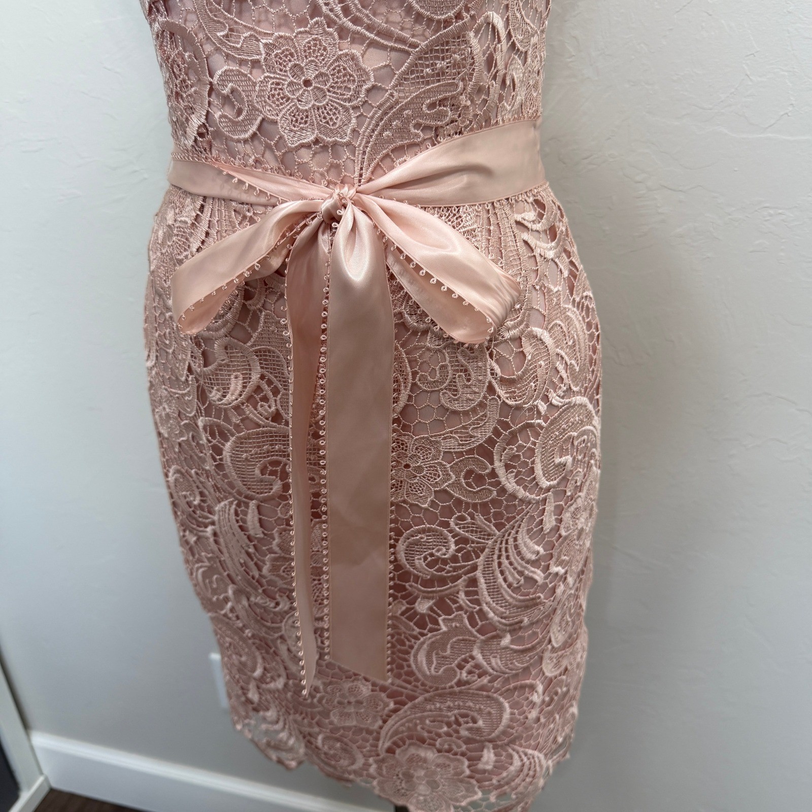 Adrianna Papell 2 Lace Cap Sleeve Illusion Sheath Dress Knee Length Scallop Hem