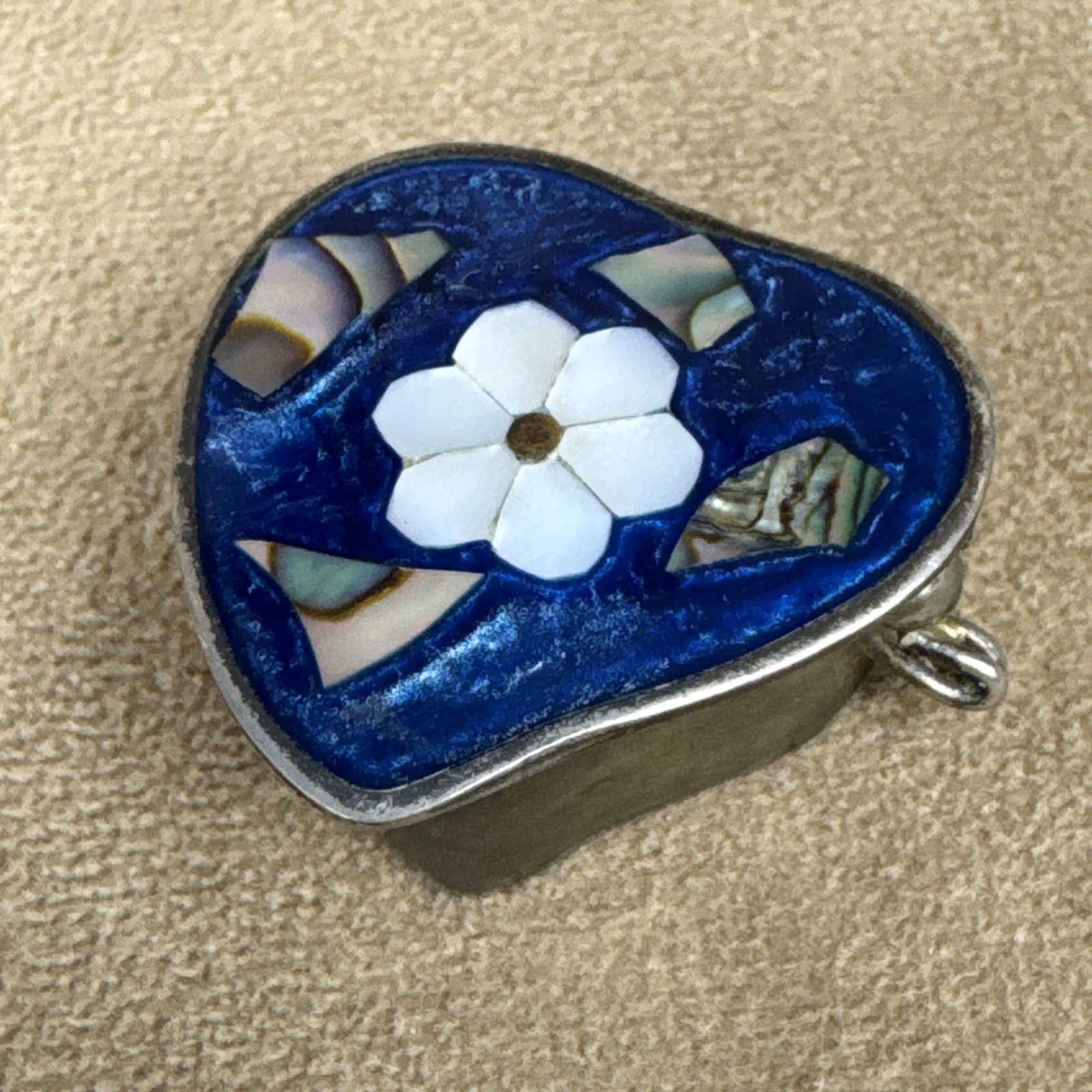 VTG Alpaca Mexico Silver Abalone Shell Inlay Pill Box Trinket-Flower Heart Daisy