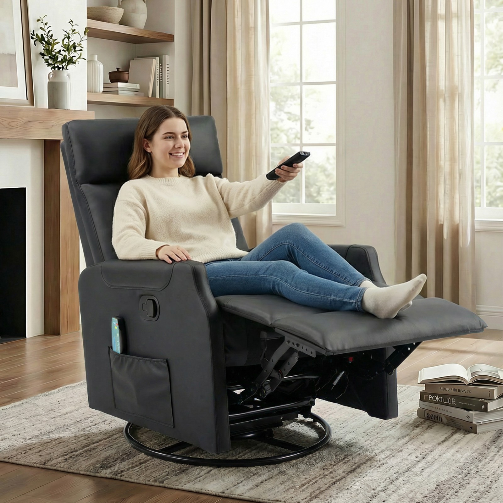 EBELLO Manual Swivel Recliner Chair with Massage & Heat, PU Leather Rocker Chair