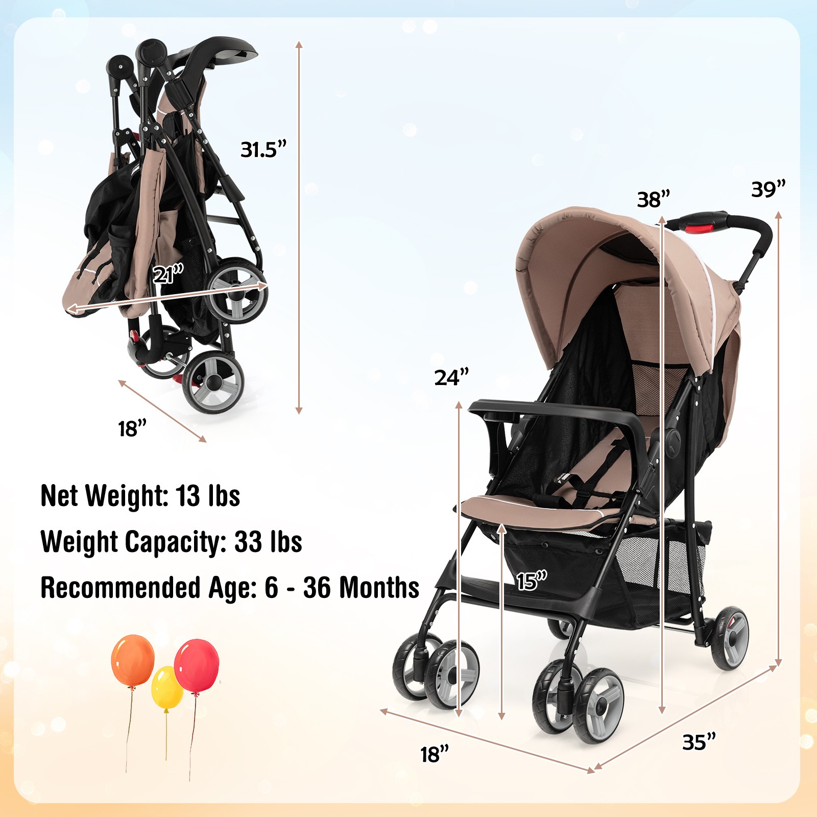 Foldable Lightweight Baby Stroller Kids Travel Pushchair 5-Point Safety System