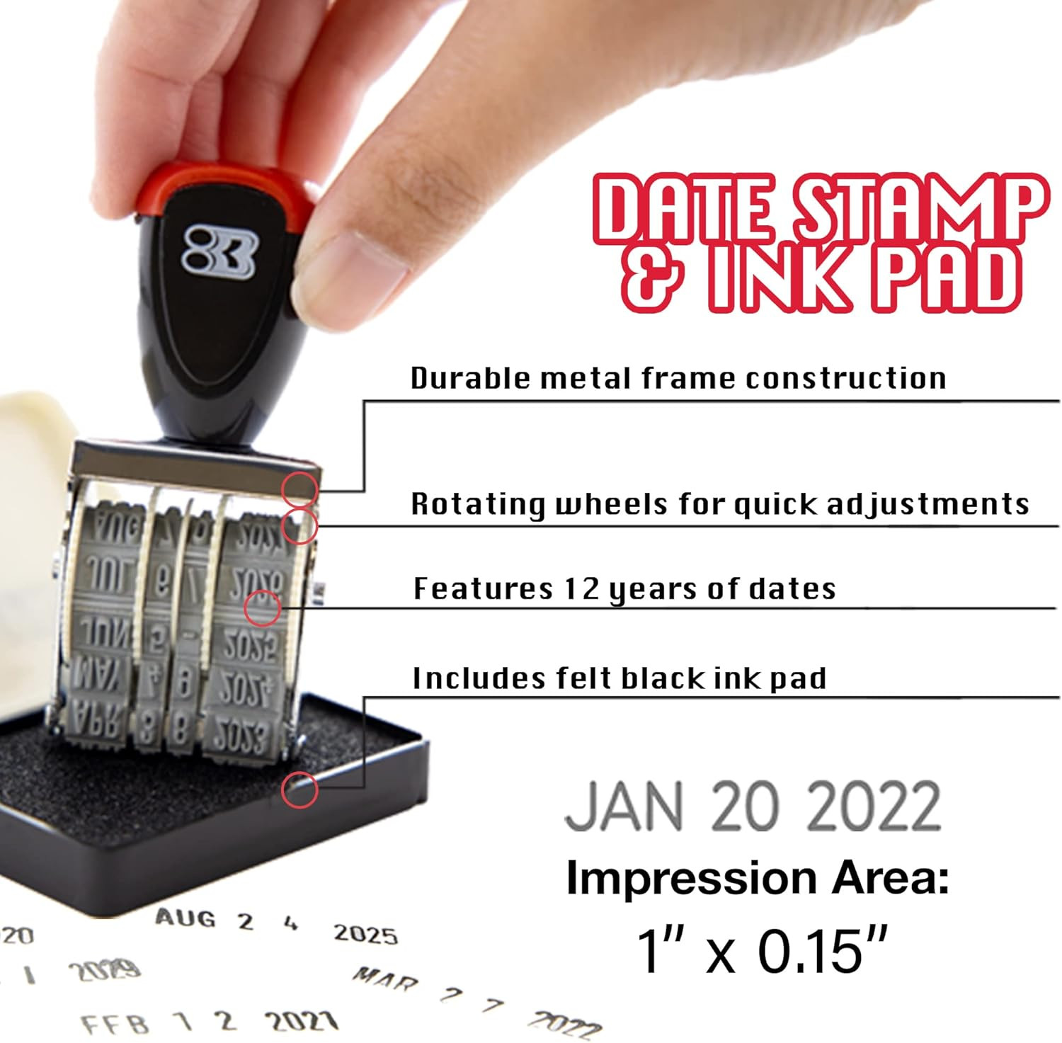 BAZIC Date Stamp and Ink Pad (Black Ink), 12 Years of Dates, Nickel-Plated Steel