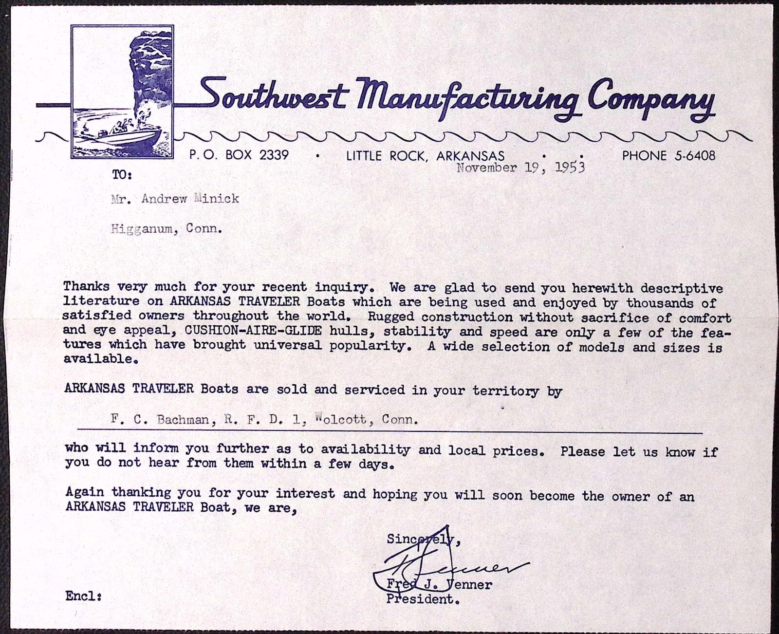 1953 Southwest Manufacturing Company Letterhead Cover LITTLE ROCK AR Boat Mfr.