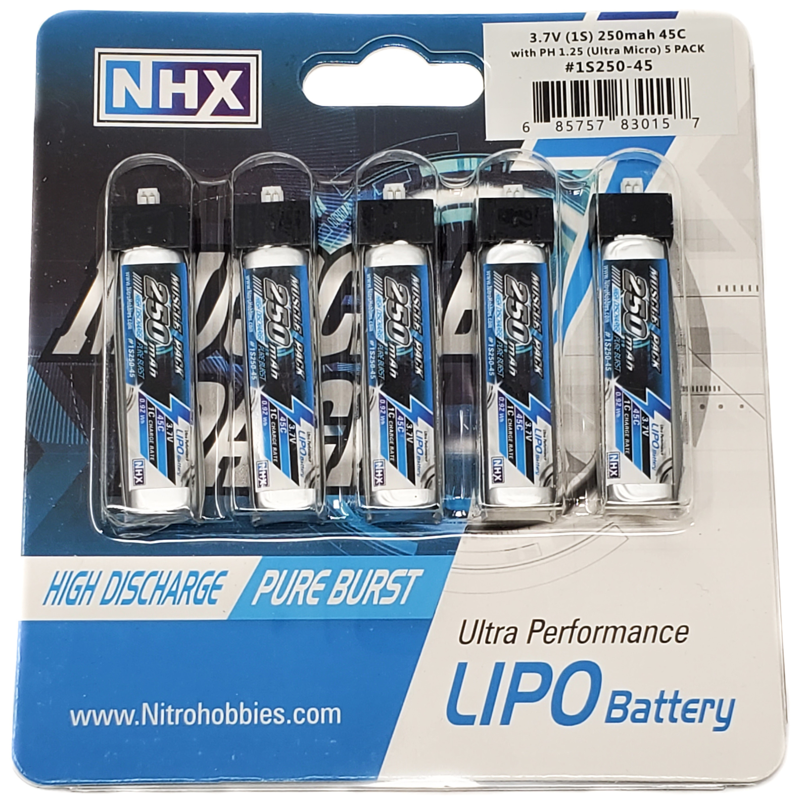 NHX Muscle Pack 1S 3.7V 250mAh 45C Lipo Battery w/ Ultra-Micro (5 PACK)