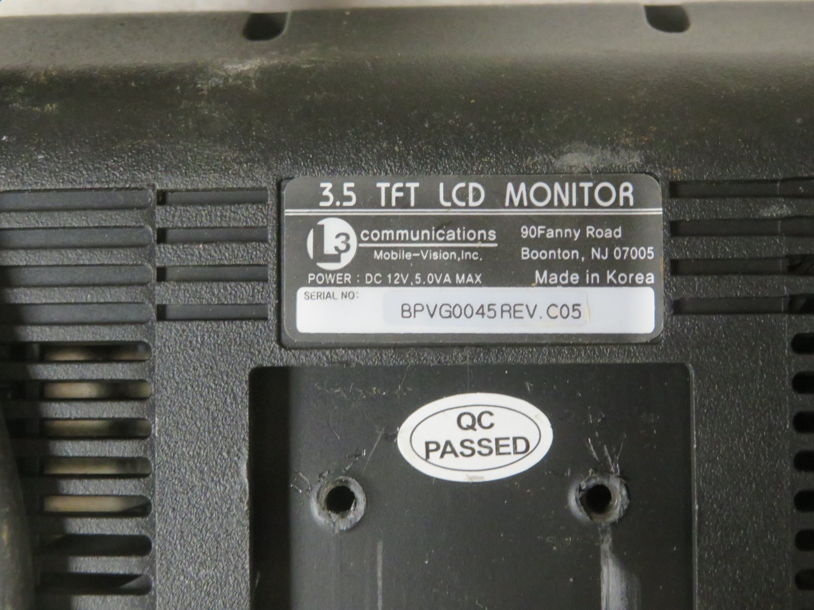 L3 Communications Mobile Vision Police DVR Screen 3.5 TFT LCD Monitor