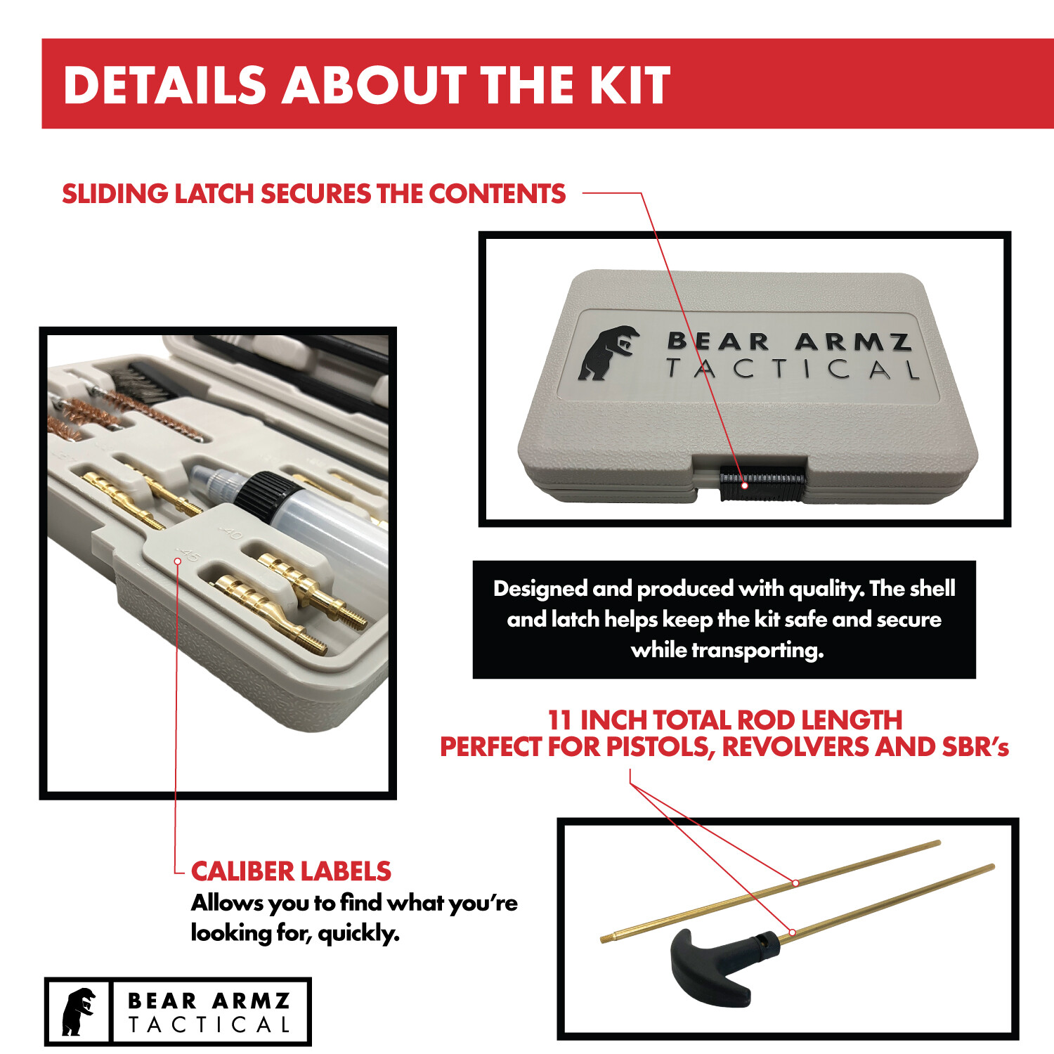 Handgun Cleaning Kit for Pistols Handguns and SBRs for Caliber .22-.45 Cal Brass