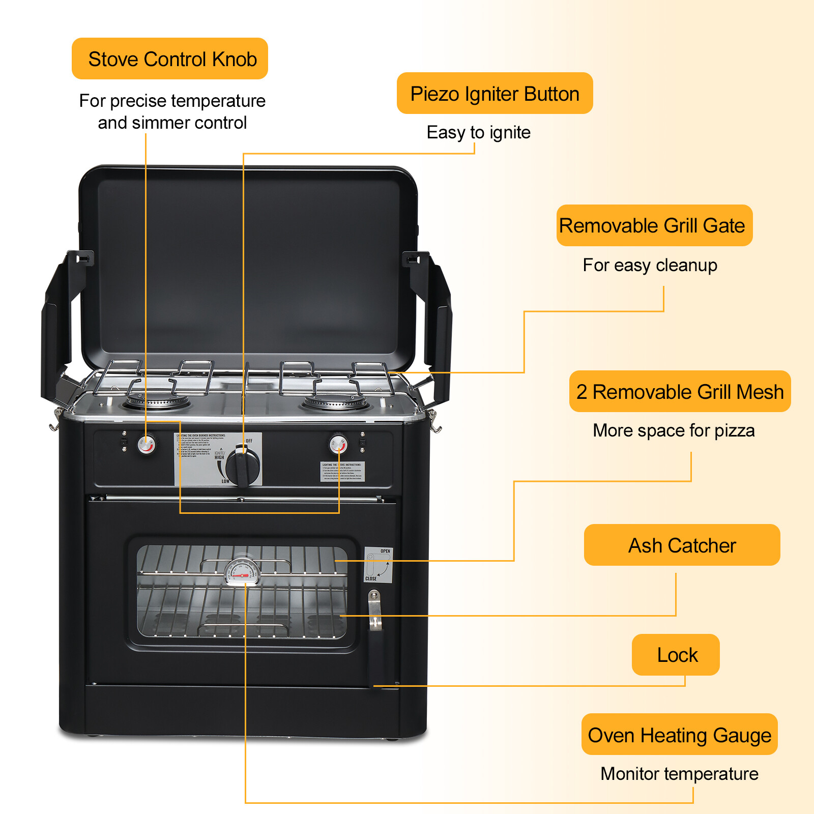 2-in-1 Portable Outdoor Camping 2 Burner Stove Propane Oven with Piezo Lgniter