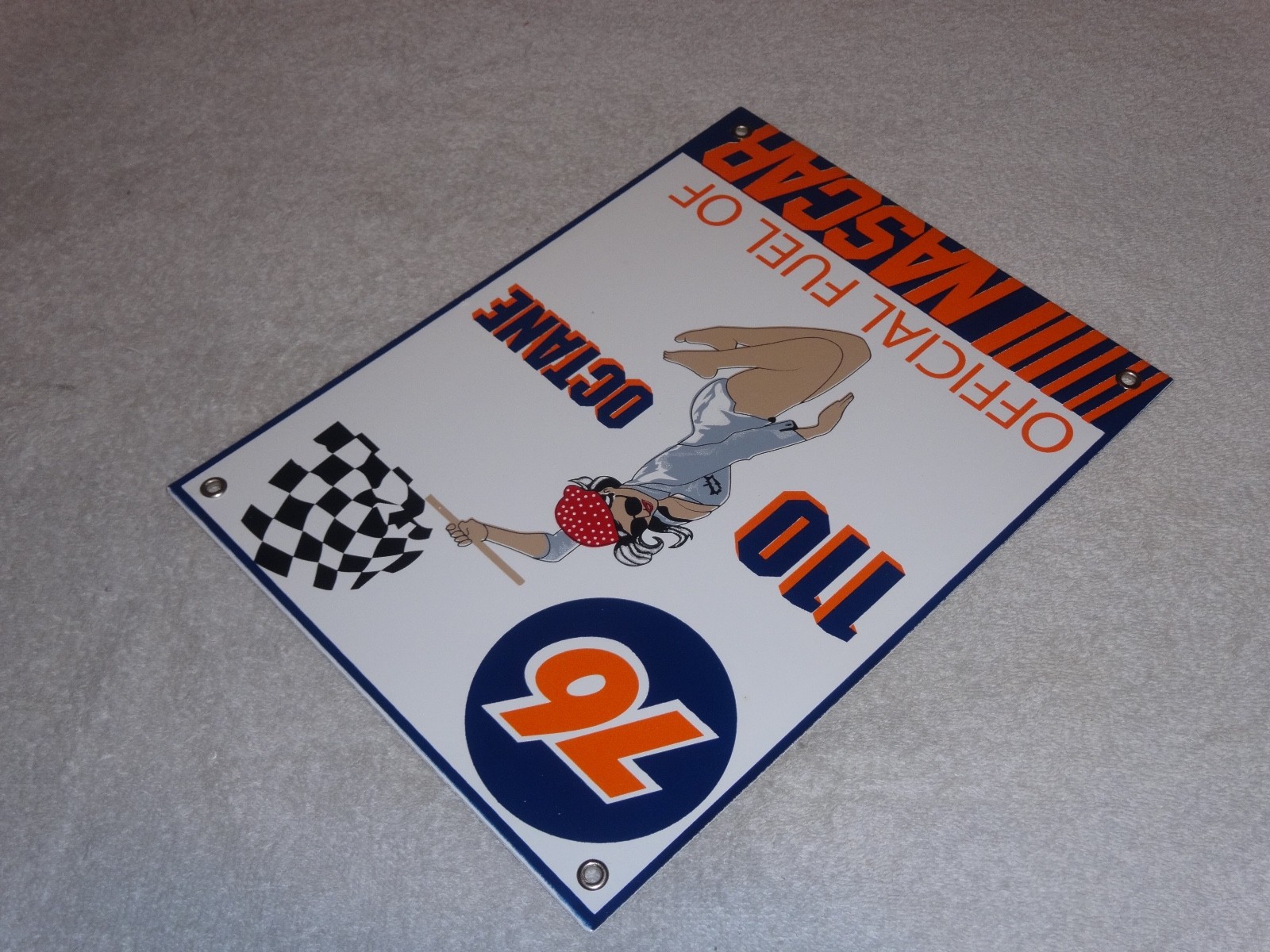 VINTAGE UNION 76 GASOLINE WOMAN +RACING FLAG 12" PORCELAIN METAL NASCAR OIL SIGN