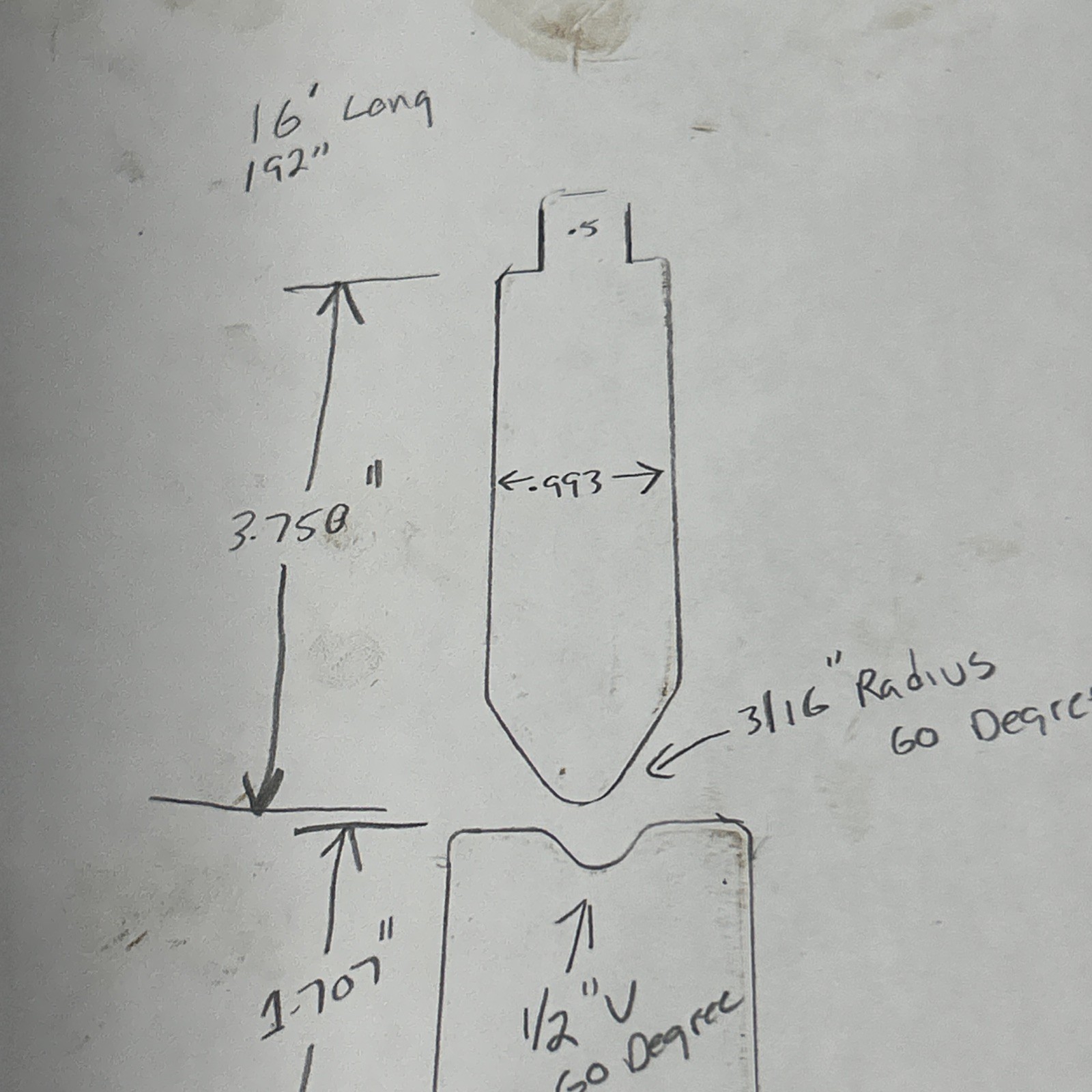 4’-16’Set Of 60 Degree Air Forming Brake Press Punch And Die. 3/16” Radius, 1/2”