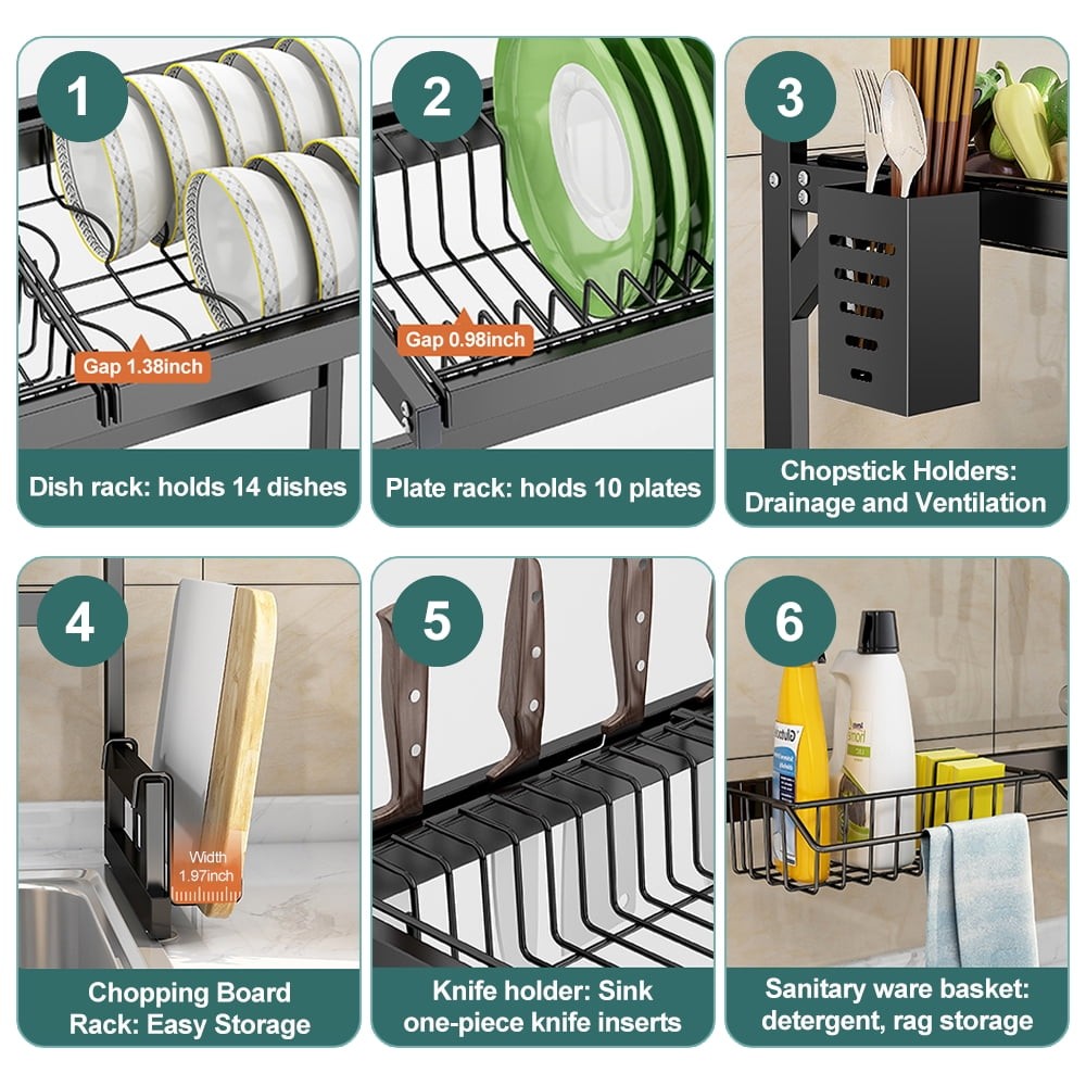 Space Saving 2-Tier Over Sink Dish Drainer, Large Stainless Steel Drying Rack