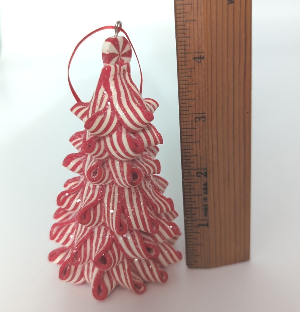 Christmas Peppermint Candy Cane Ribbon Tree Holiday Ornament 4.5" Icy Sparkling