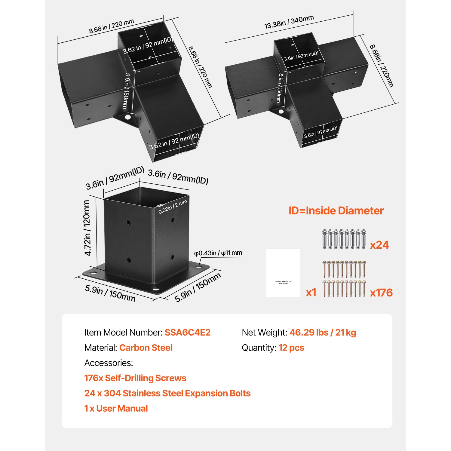 Uimoso 4x4 Pergola Bracket Kit 3.5x3.5 Inner, 3- & 4-Way Brackets with Bases